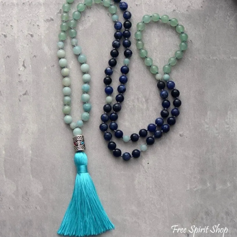 108 Natural Amazonite & Blue Sodalite Mala Bead Necklace