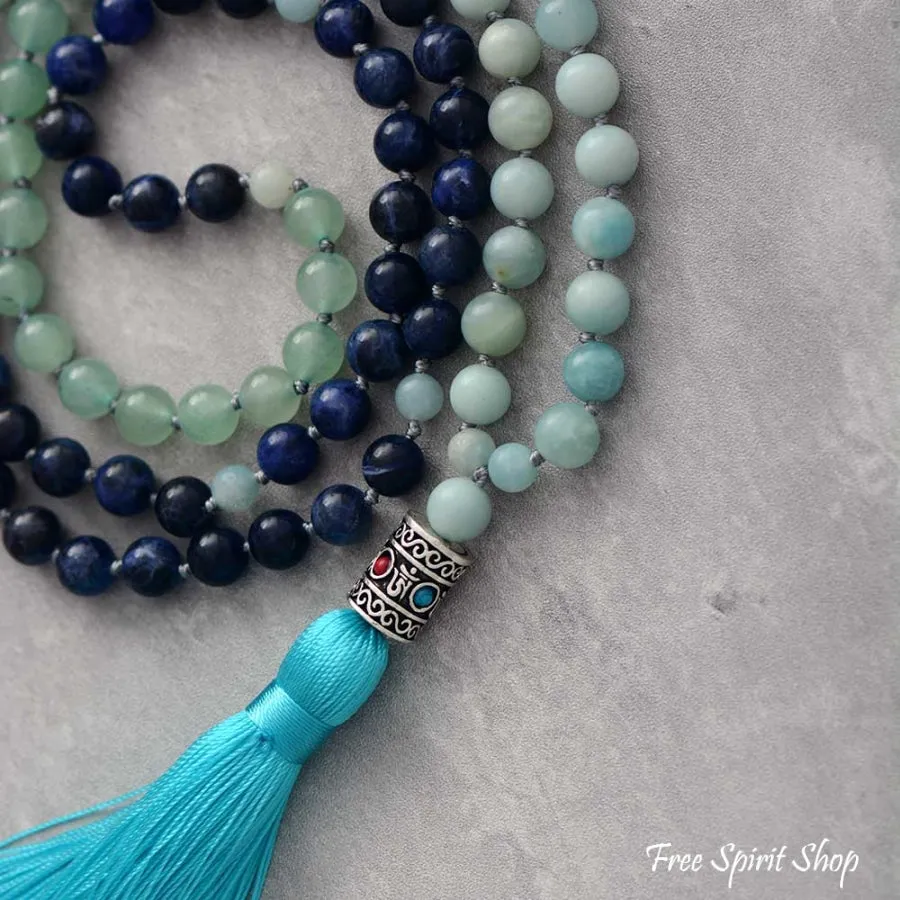 108 Natural Amazonite & Blue Sodalite Mala Bead Necklace