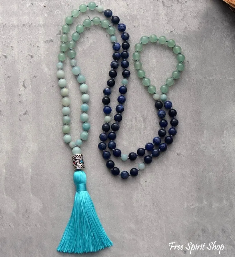 108 Natural Amazonite & Blue Sodalite Mala Bead Necklace