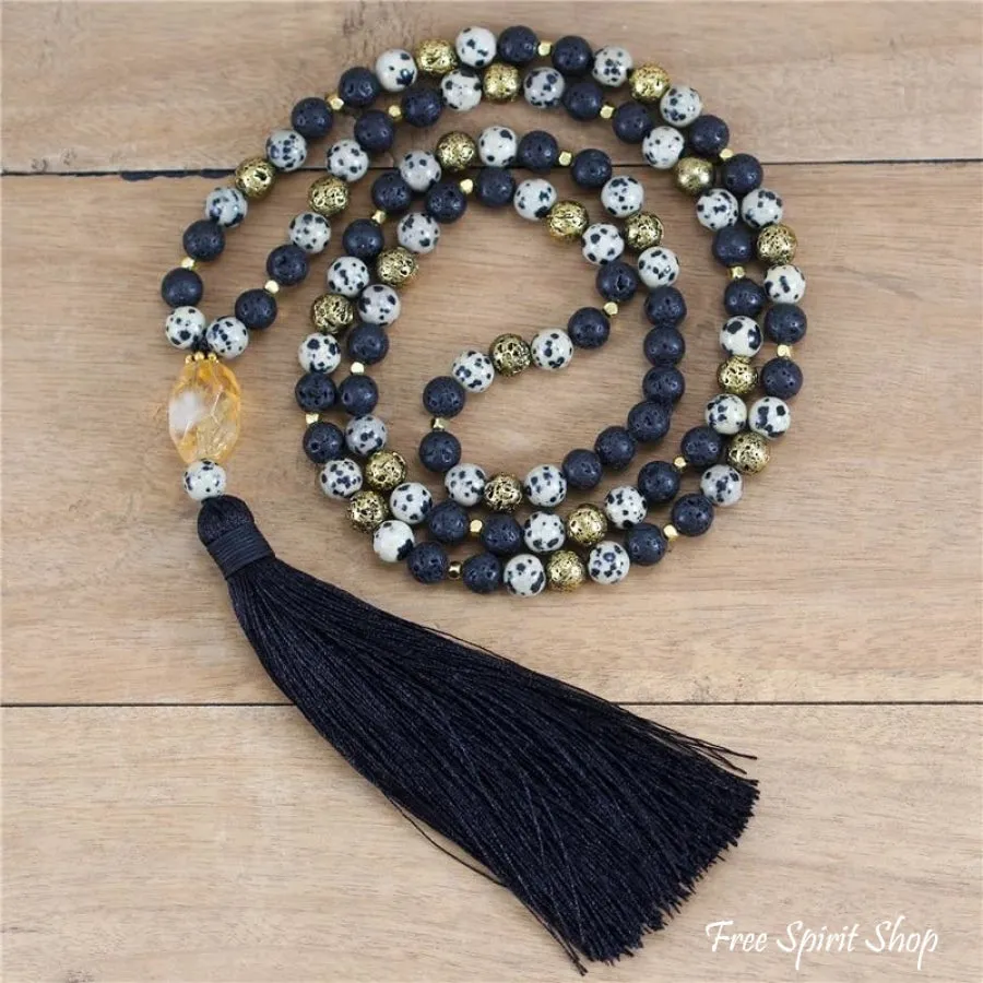 108 Natural Black Lava Dalmatian Jasper & Citrine Mala Bead Necklace