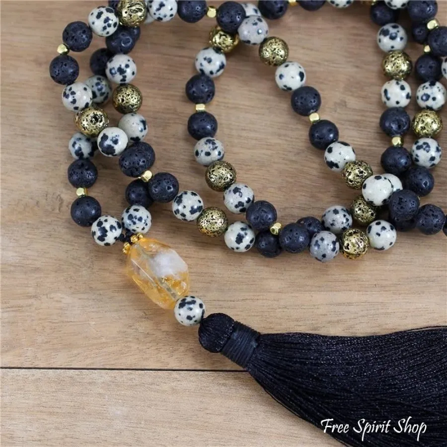 108 Natural Black Lava Dalmatian Jasper & Citrine Mala Bead Necklace