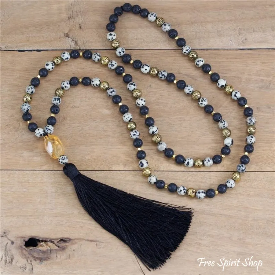 108 Natural Black Lava Dalmatian Jasper & Citrine Mala Bead Necklace