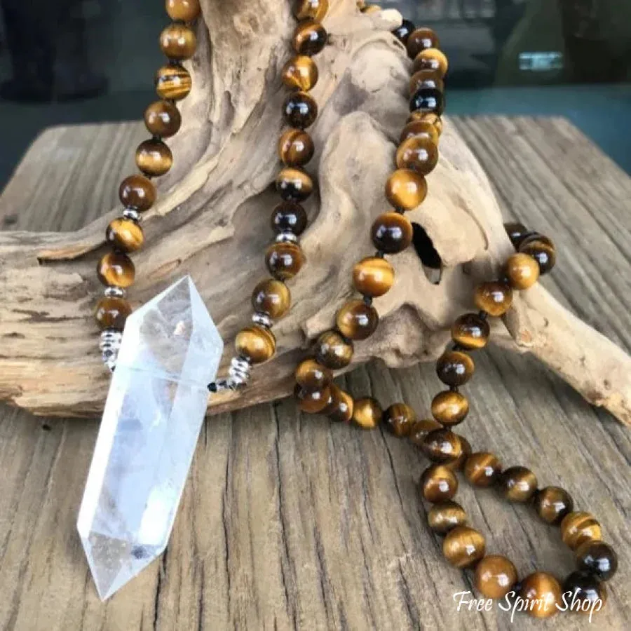 108 Natural Tiger Eye & Clear Quartz Wandpoint Mala Bead Necklace