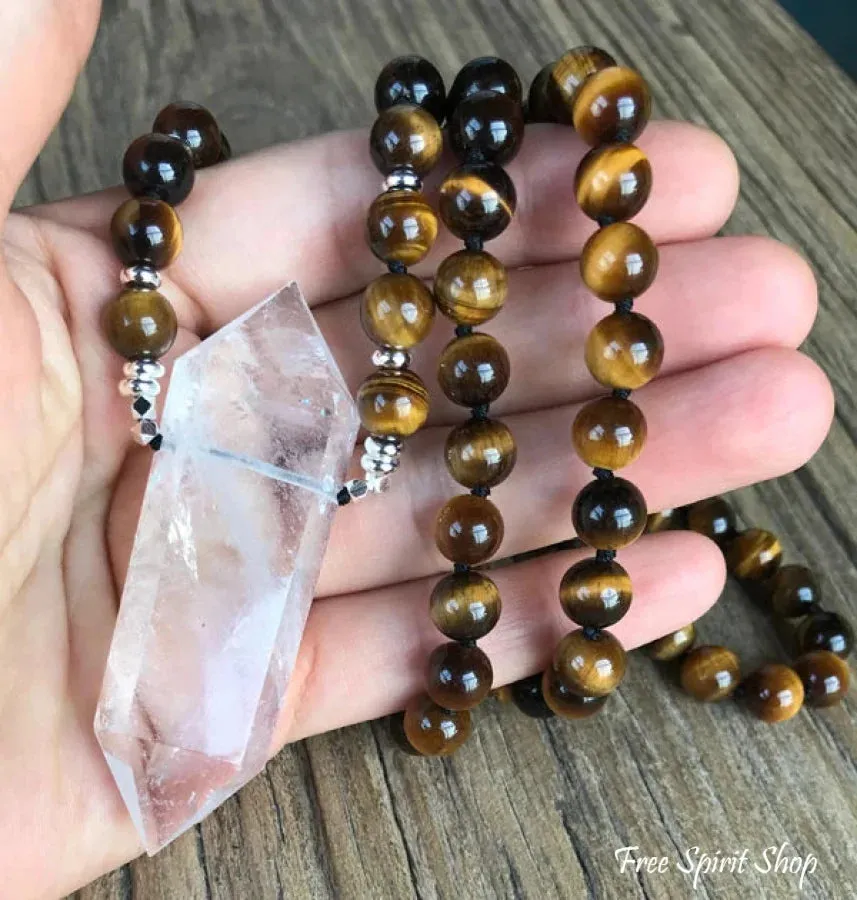 108 Natural Tiger Eye & Clear Quartz Wandpoint Mala Bead Necklace