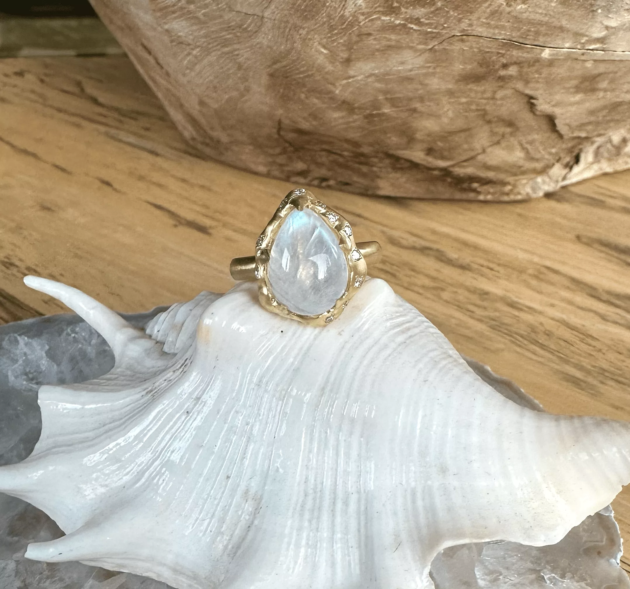 14K & 18K Pear Moonstone and Diamond Ring