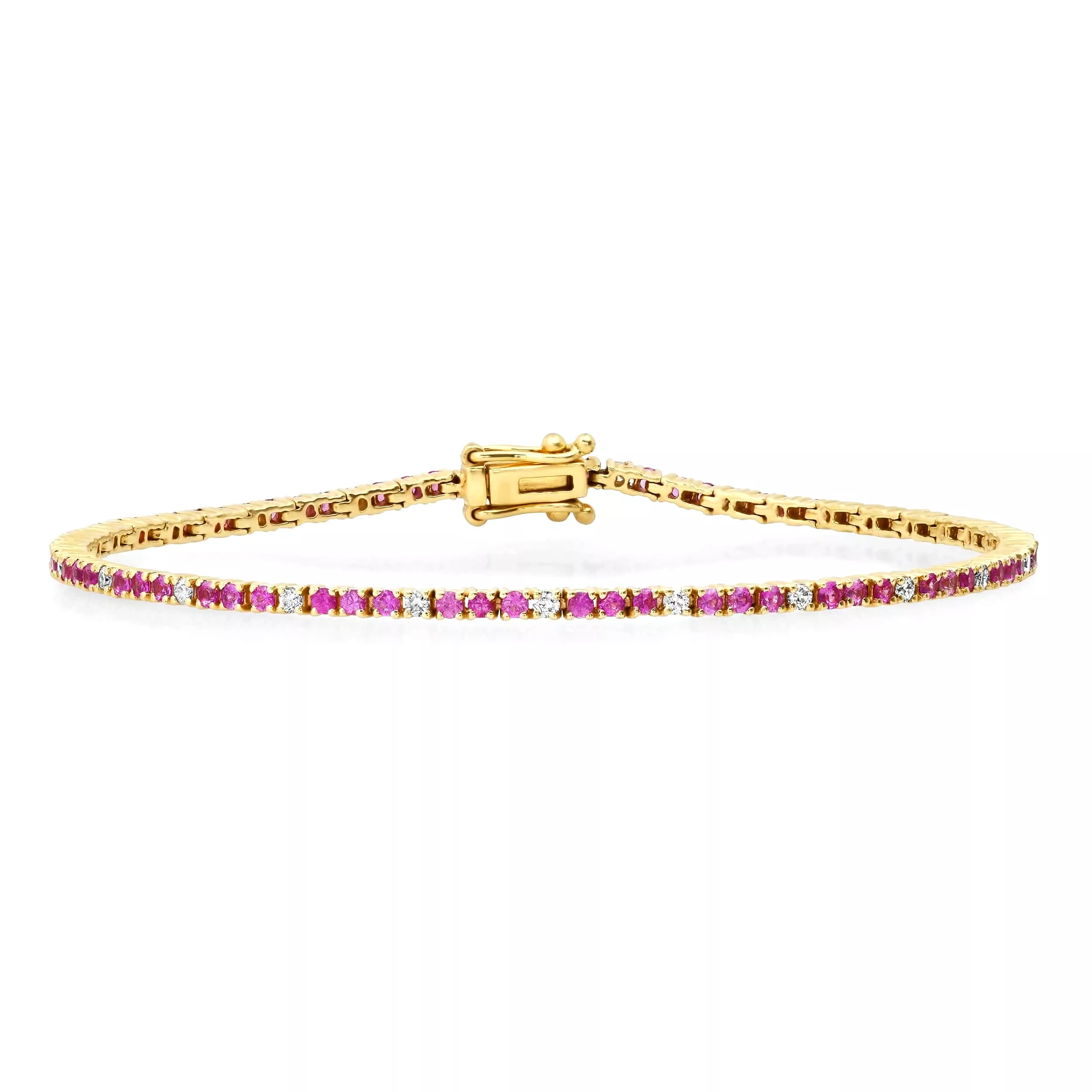 14K Gold Pink Sapphire and Diamond Tennis Bracelet 4-Prong Setting