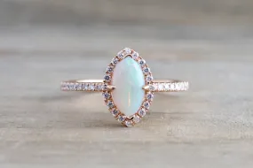 14k Rose Gold Marquis Fire Opal Diamond Halo Engagement Love Anniversary Ring Art Deco Vintage Love Promise