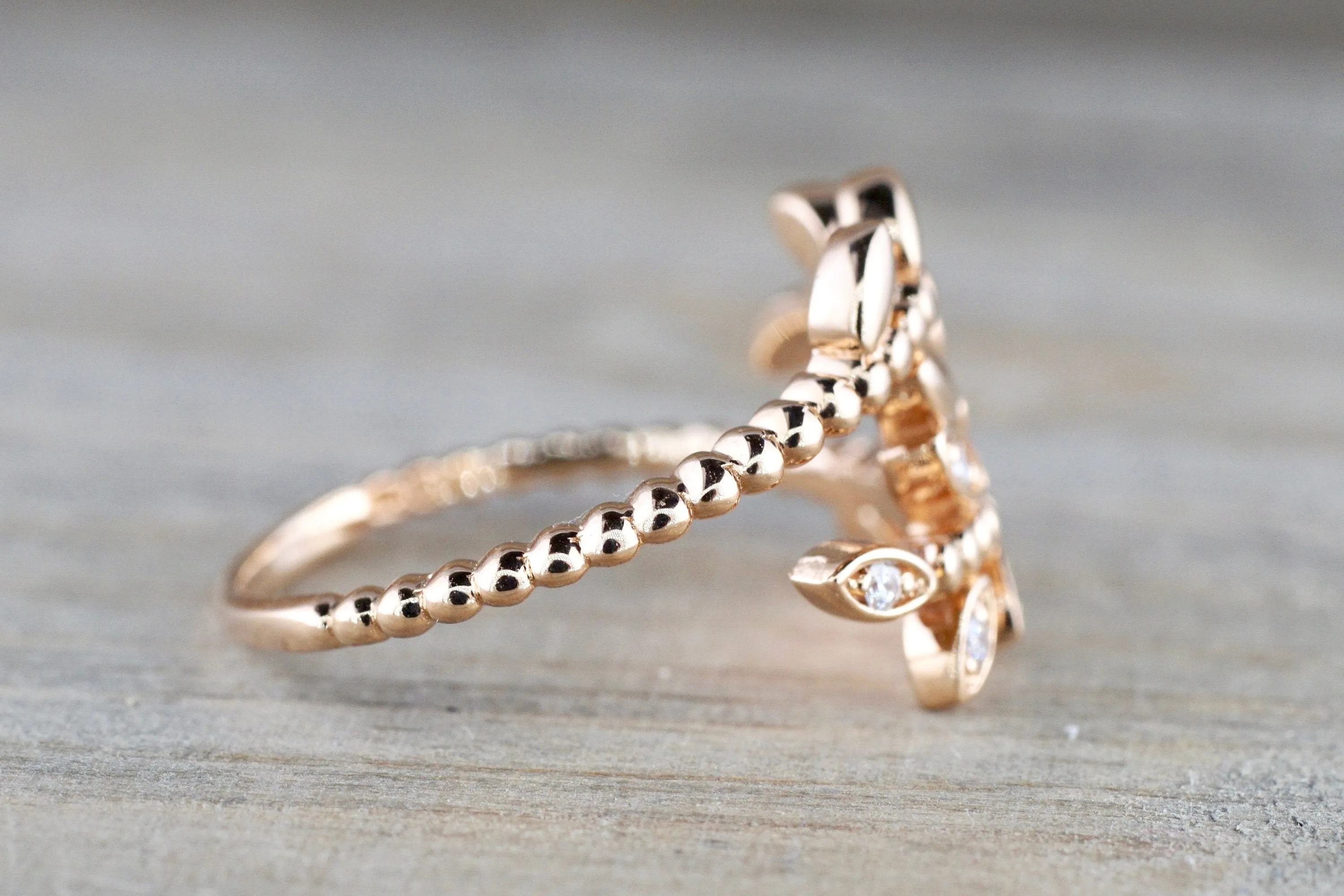 18K Rose Gold Diamond Leaf Ring Bead Band