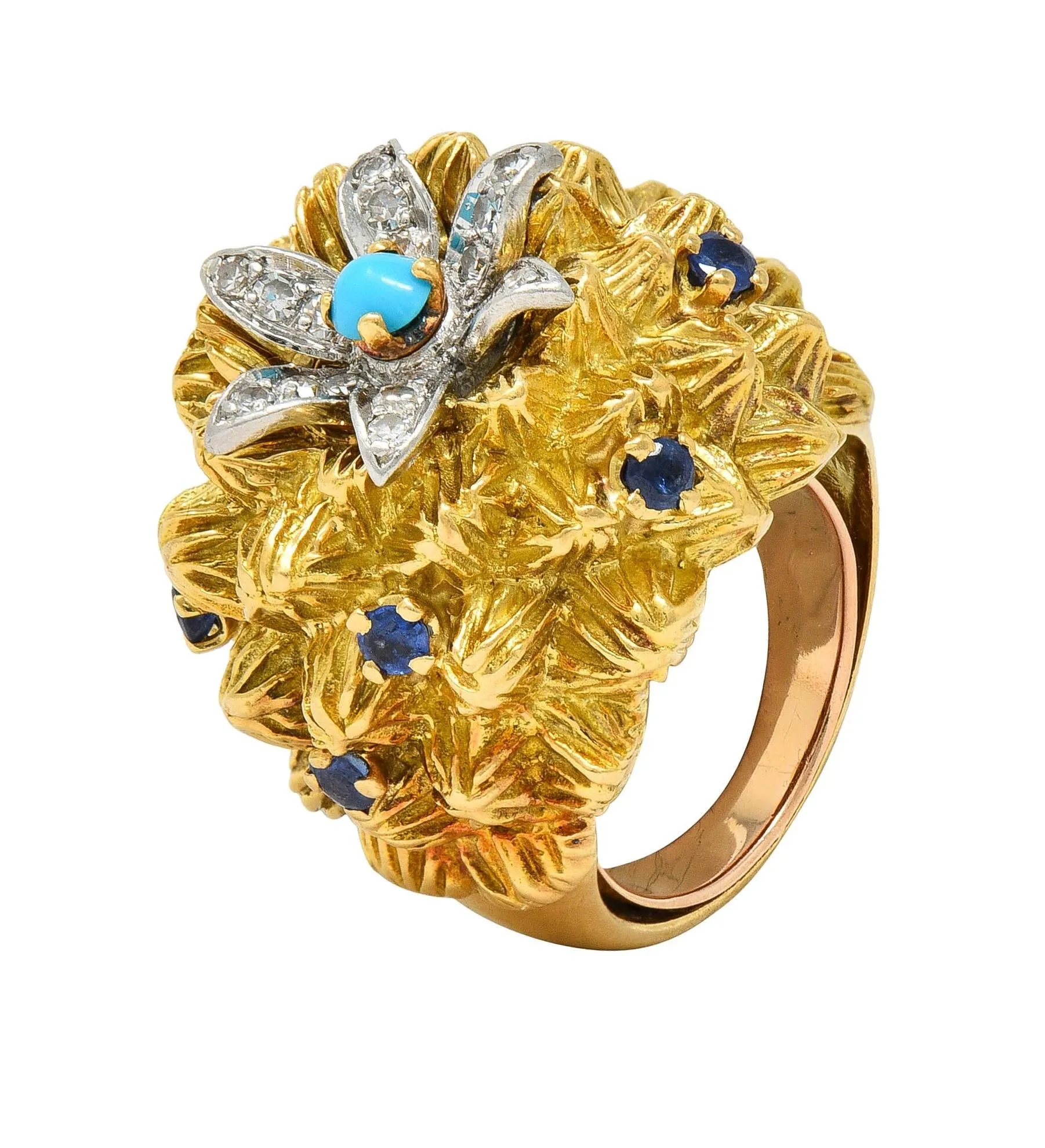 1960's French Sapphire Diamond Turquoise Platinum 18 Karat Yellow Gold Cactus Flower Ring