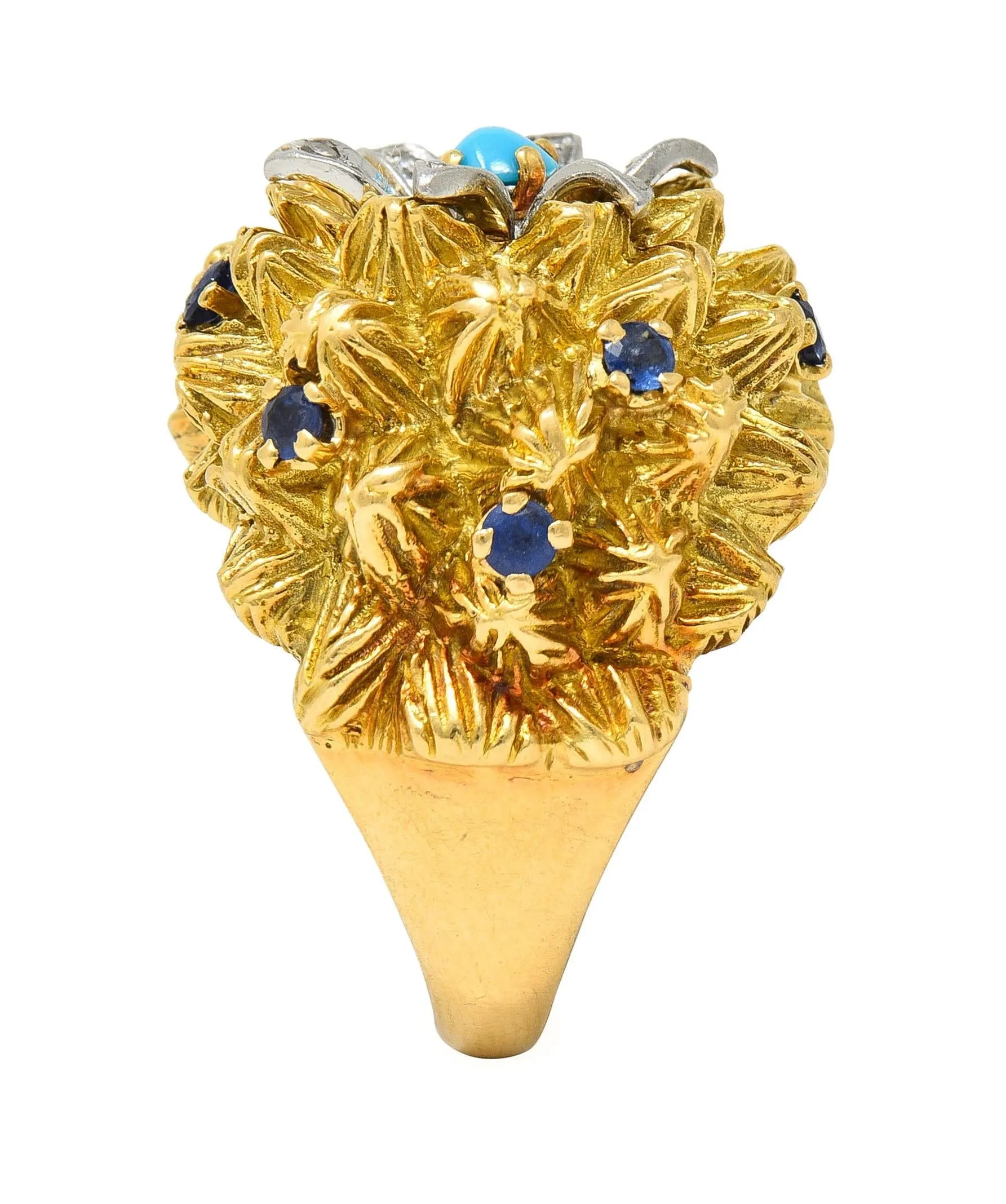 1960's French Sapphire Diamond Turquoise Platinum 18 Karat Yellow Gold Cactus Flower Ring