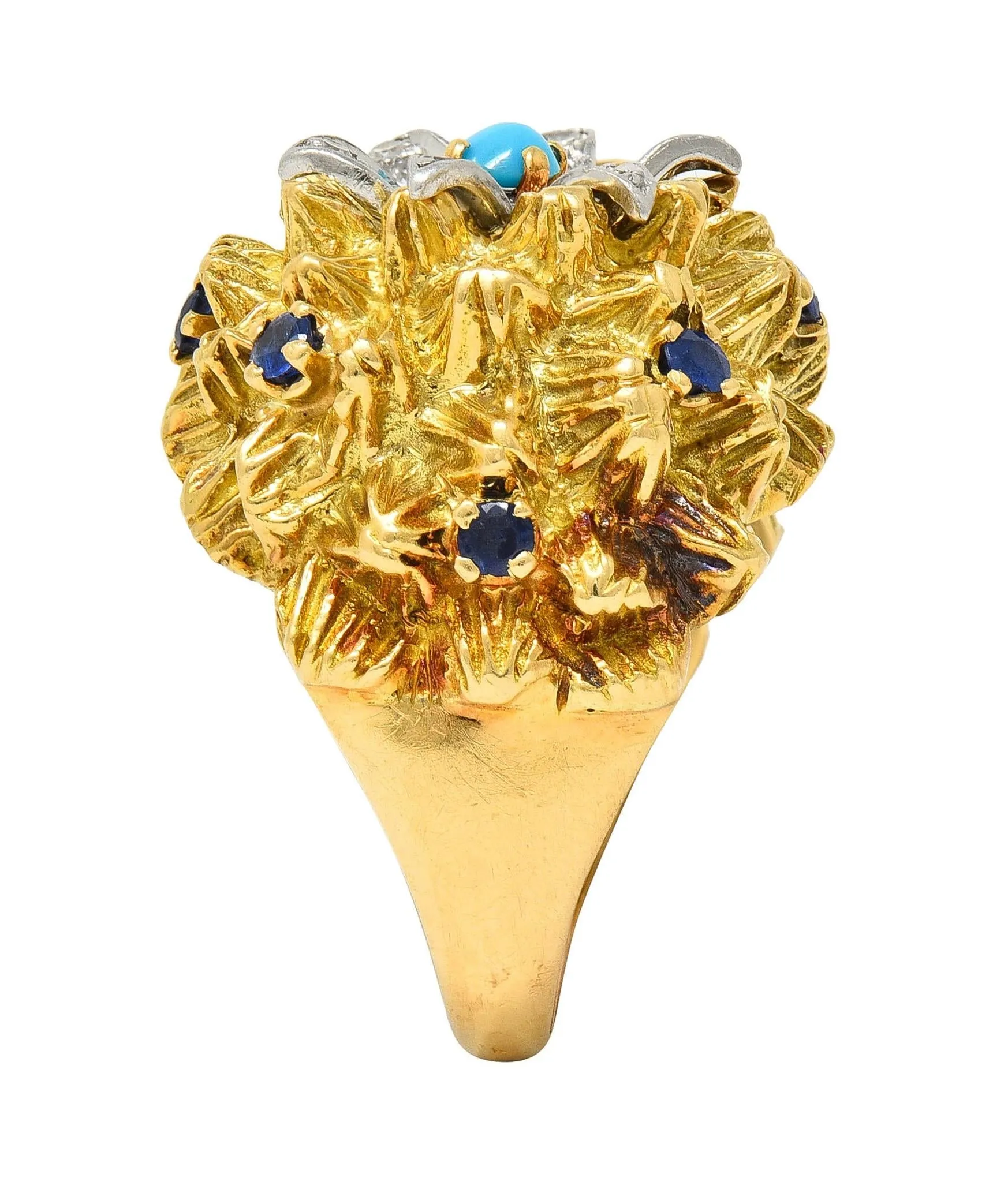 1960's French Sapphire Diamond Turquoise Platinum 18 Karat Yellow Gold Cactus Flower Ring