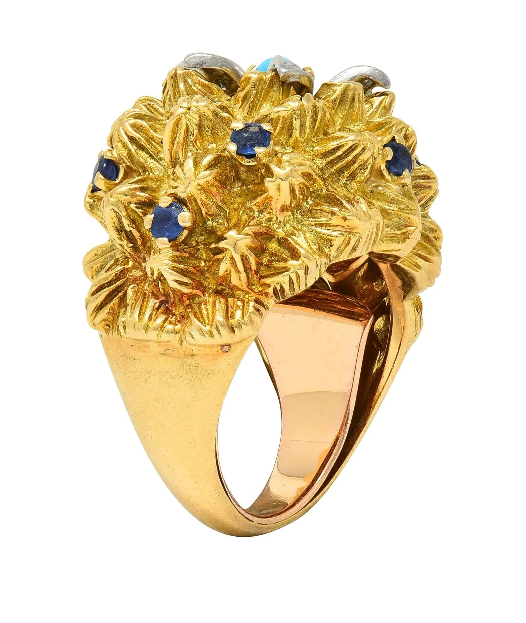 1960's French Sapphire Diamond Turquoise Platinum 18 Karat Yellow Gold Cactus Flower Ring