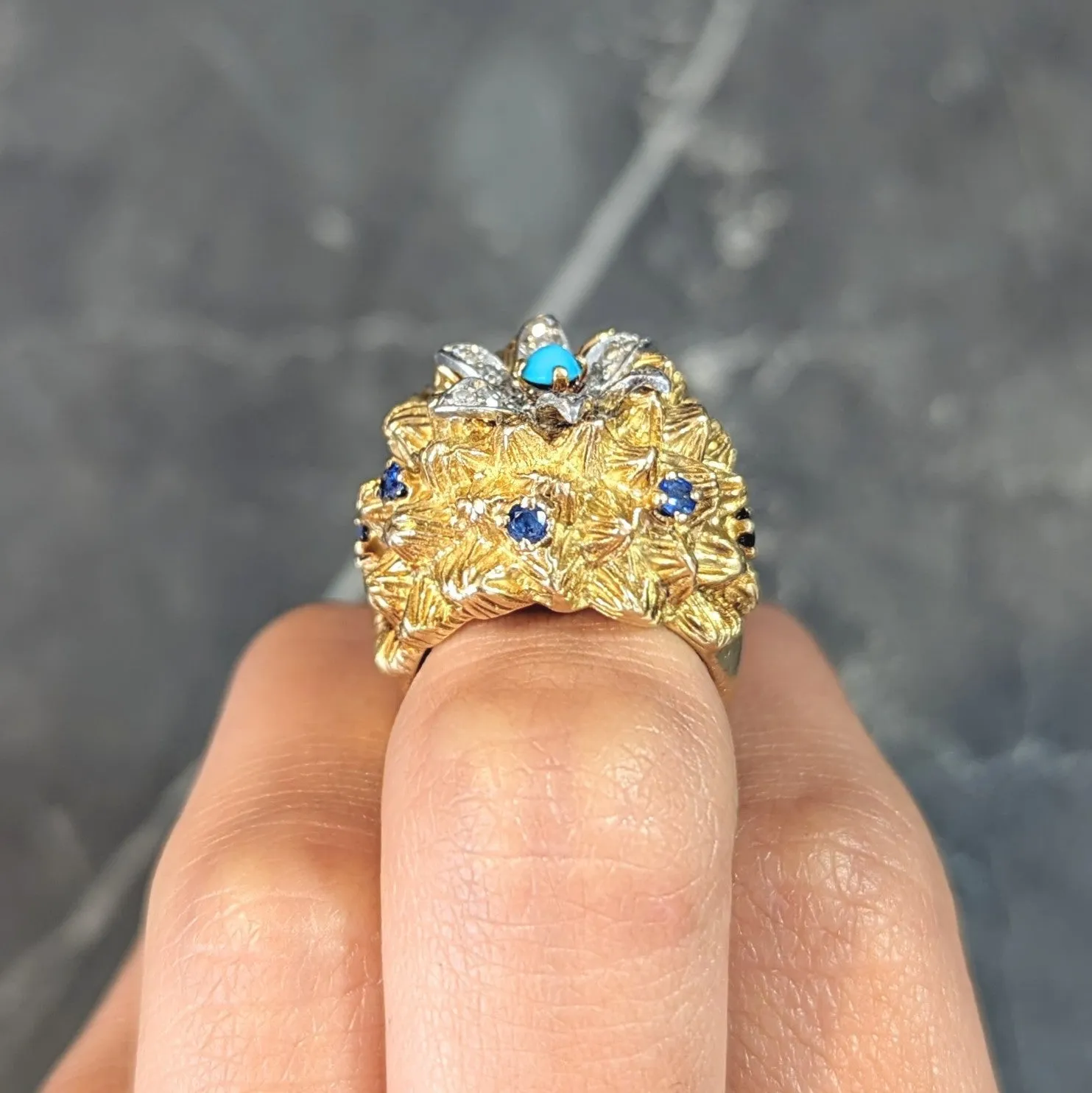 1960's French Sapphire Diamond Turquoise Platinum 18 Karat Yellow Gold Cactus Flower Ring