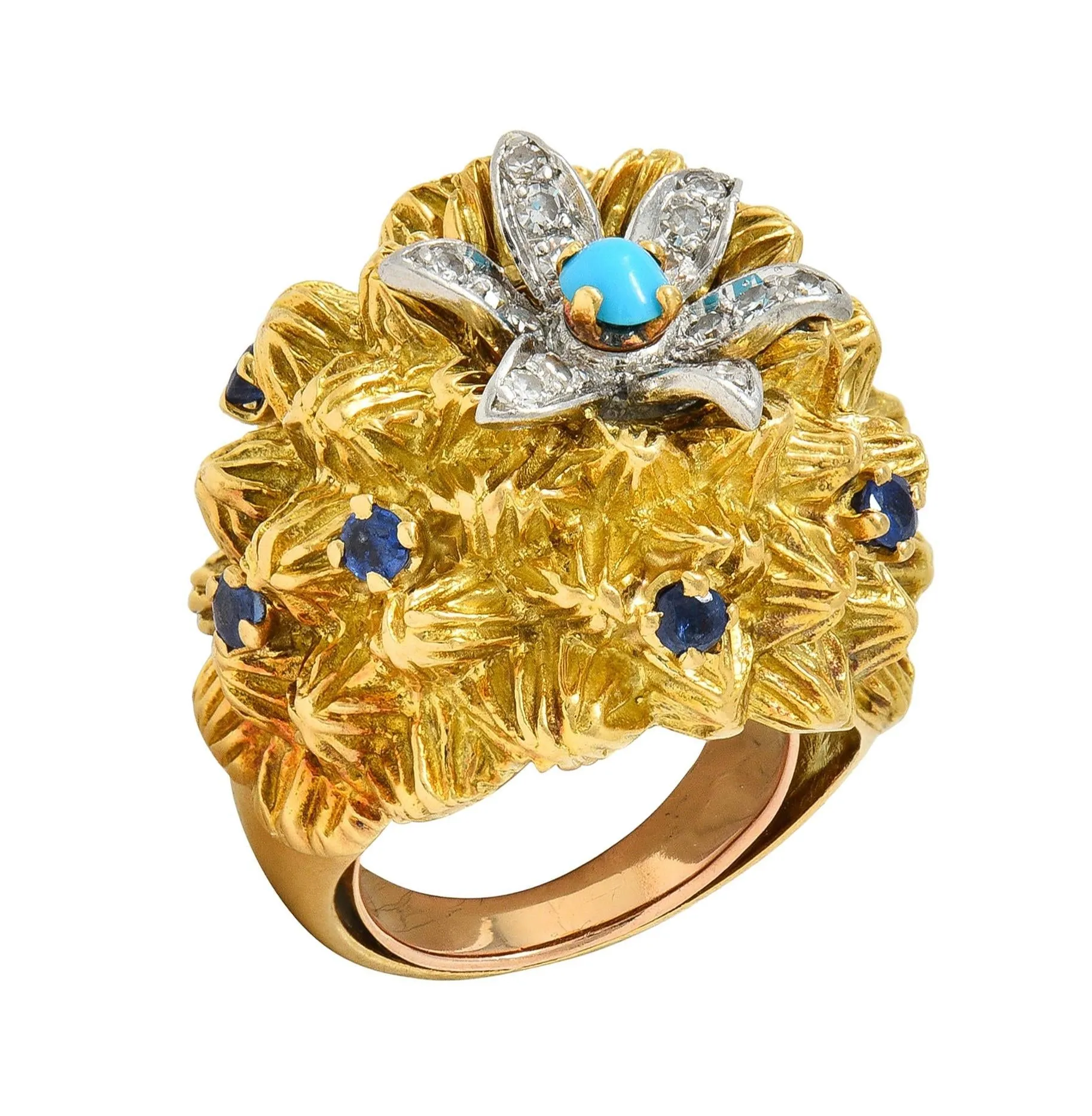 1960's French Sapphire Diamond Turquoise Platinum 18 Karat Yellow Gold Cactus Flower Ring