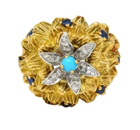 1960's French Sapphire Diamond Turquoise Platinum 18 Karat Yellow Gold Cactus Flower Ring