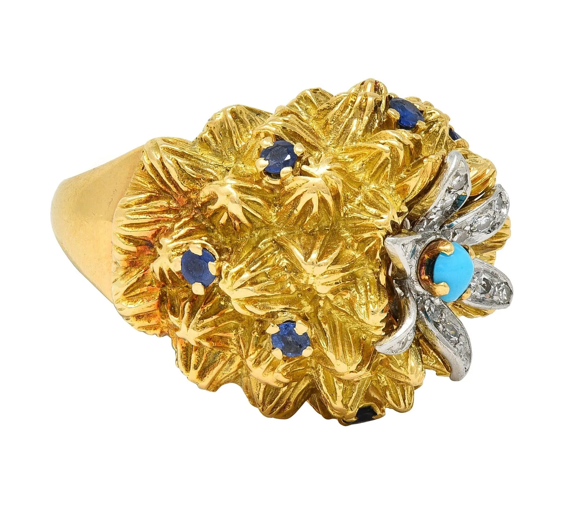 1960's French Sapphire Diamond Turquoise Platinum 18 Karat Yellow Gold Cactus Flower Ring