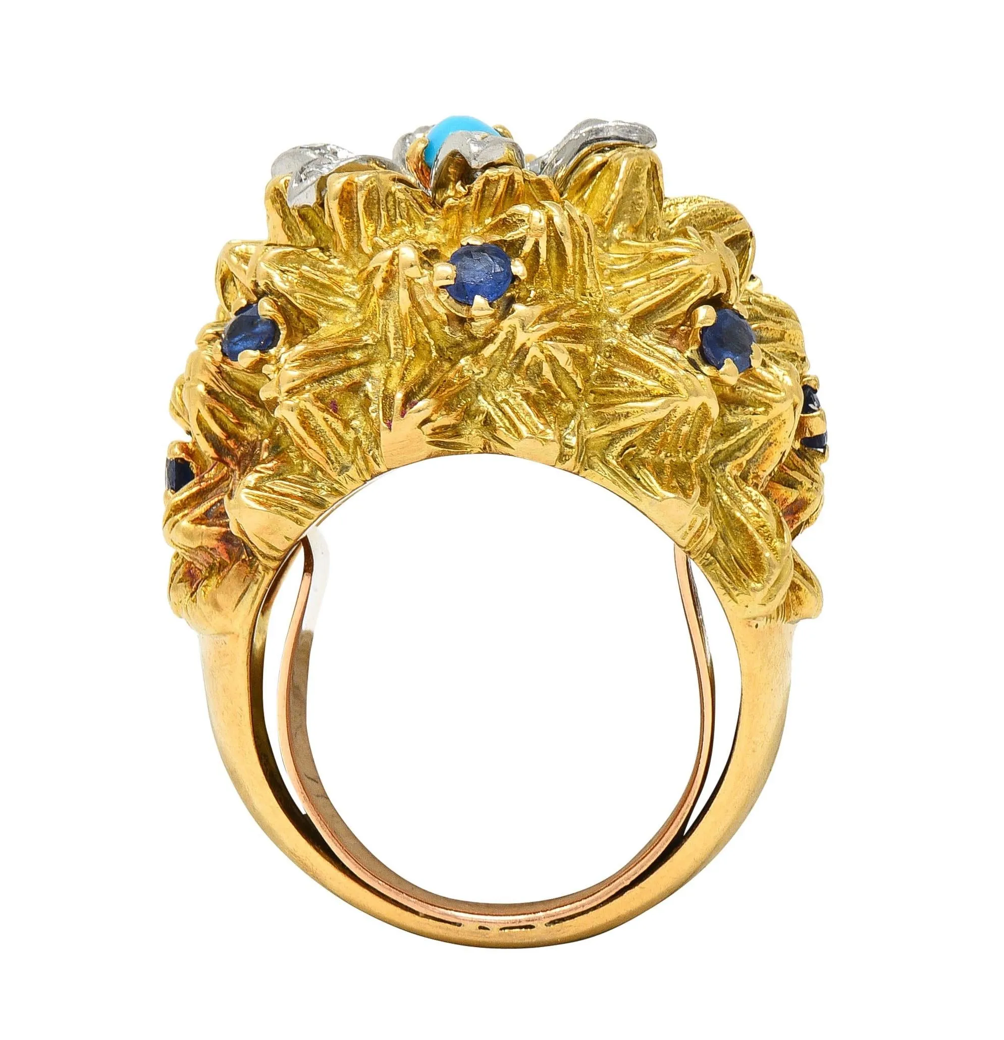 1960's French Sapphire Diamond Turquoise Platinum 18 Karat Yellow Gold Cactus Flower Ring