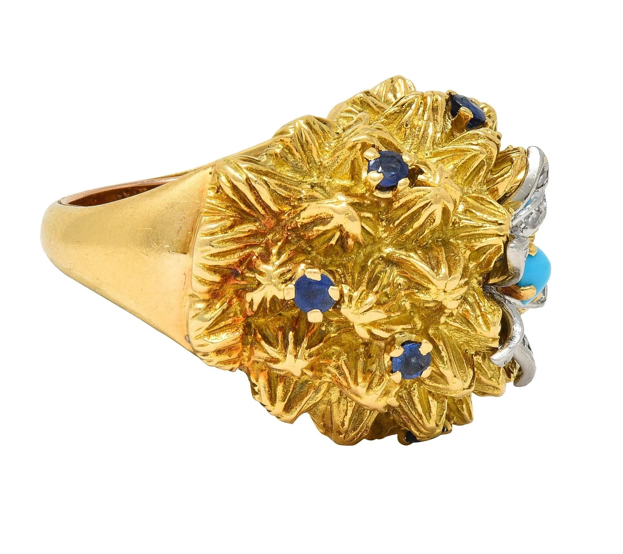 1960's French Sapphire Diamond Turquoise Platinum 18 Karat Yellow Gold Cactus Flower Ring