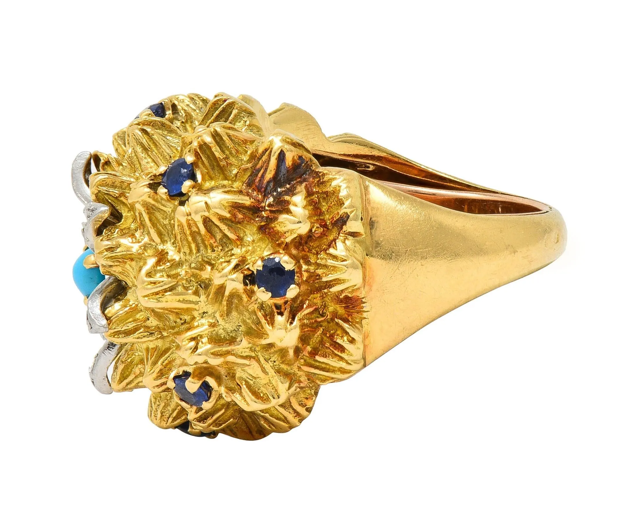 1960's French Sapphire Diamond Turquoise Platinum 18 Karat Yellow Gold Cactus Flower Ring