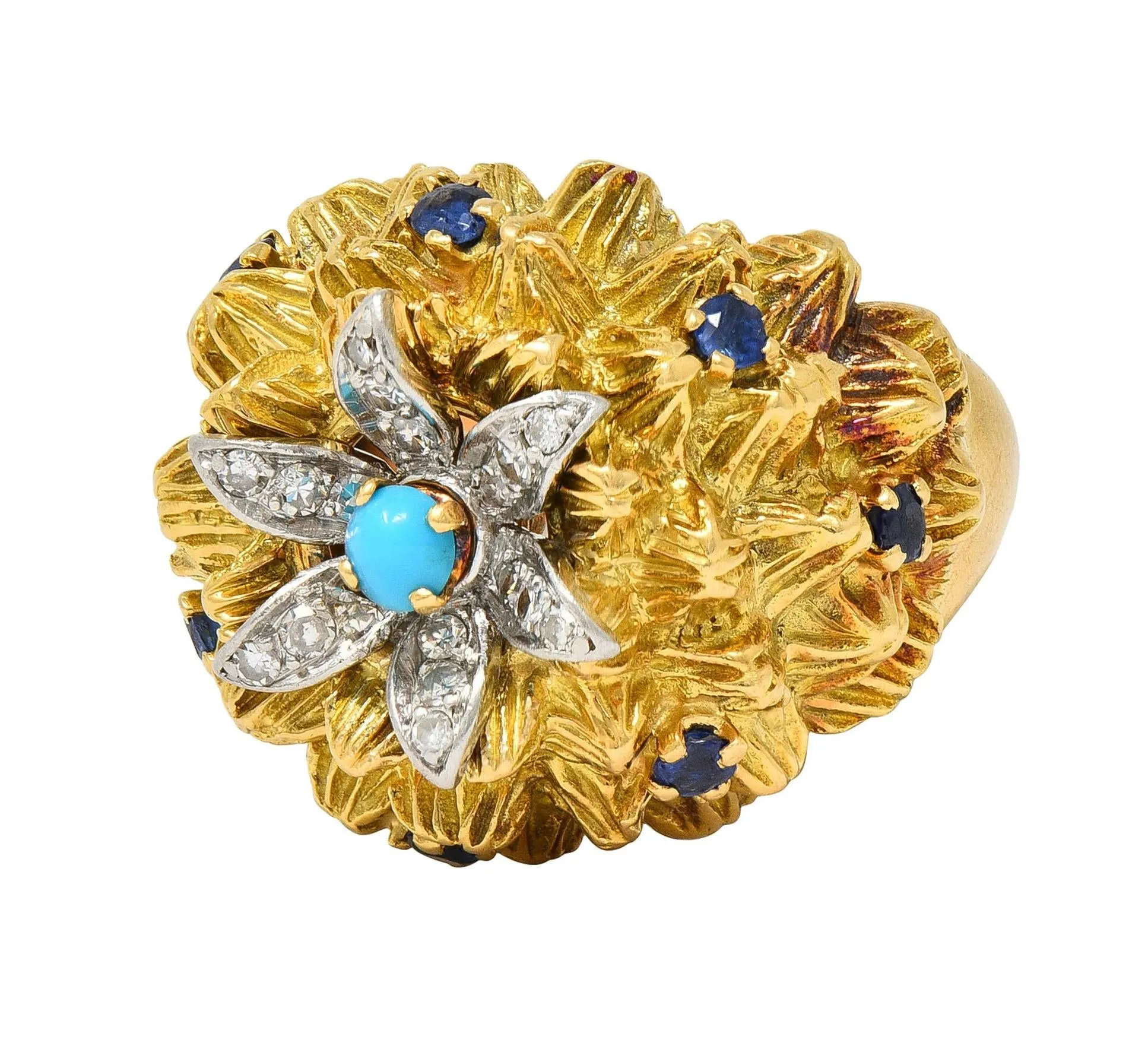 1960's French Sapphire Diamond Turquoise Platinum 18 Karat Yellow Gold Cactus Flower Ring