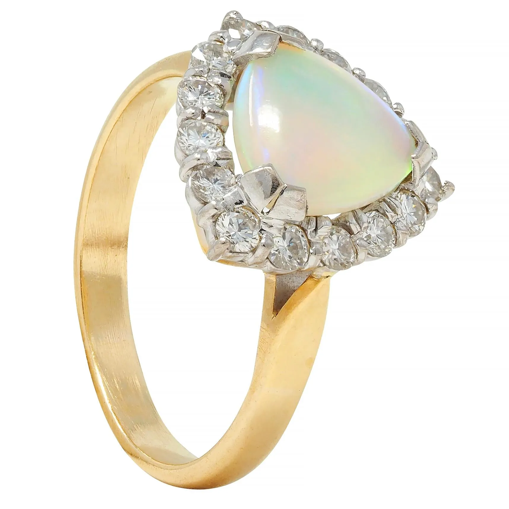 1980s Opal Diamond 18 Karat Yellow White Gold Triangular Vintage Halo Ring