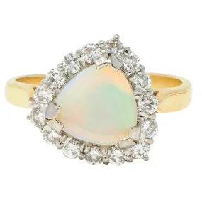 1980s Opal Diamond 18 Karat Yellow White Gold Triangular Vintage Halo Ring