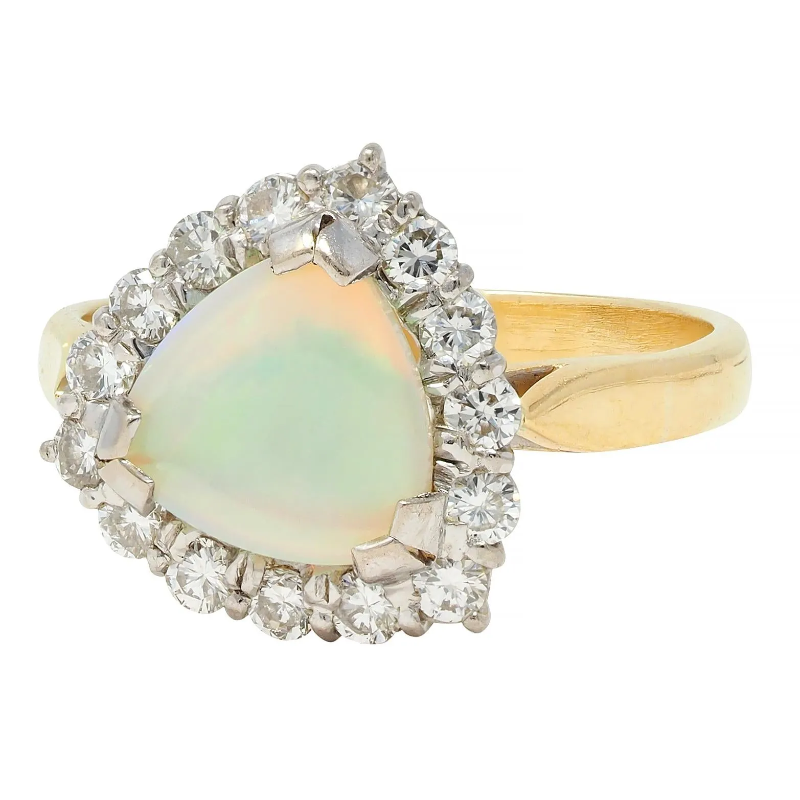 1980s Opal Diamond 18 Karat Yellow White Gold Triangular Vintage Halo Ring