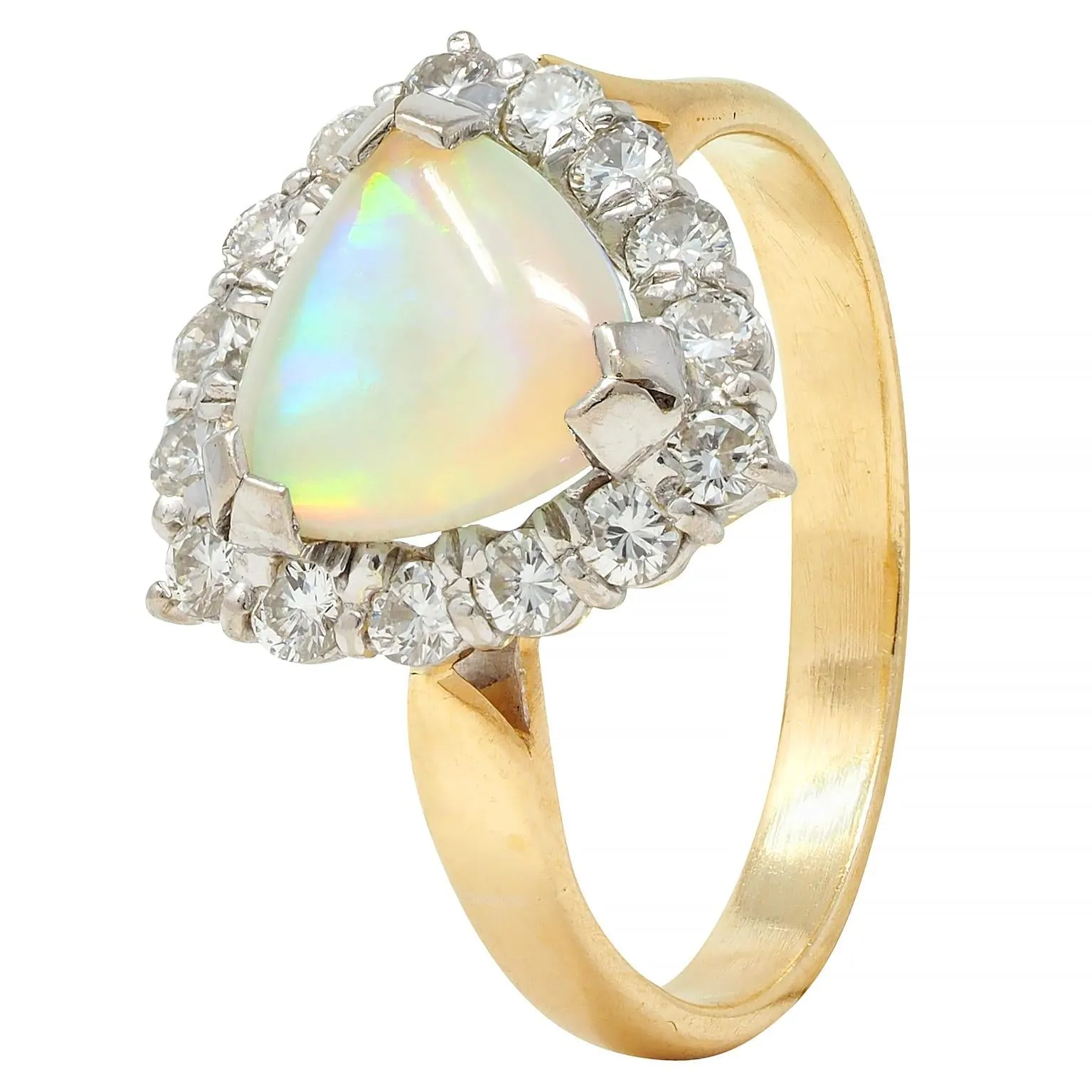 1980s Opal Diamond 18 Karat Yellow White Gold Triangular Vintage Halo Ring