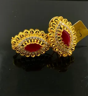 22k Solid Gold Ladies Designer Traditional Floral Zircon Ruby Clip on Stud Earrings P4234