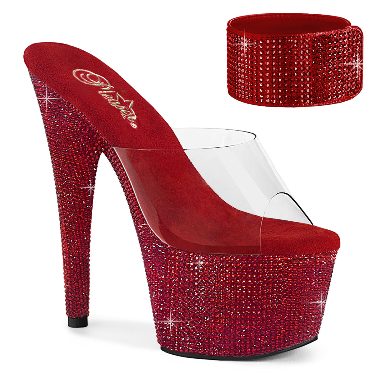 7 Inch Heel BEJEWELED-712RS Clear Ruby Red Rhinestone