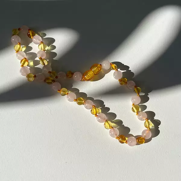 Amber Baby Necklace - Amber & Rose Quartz