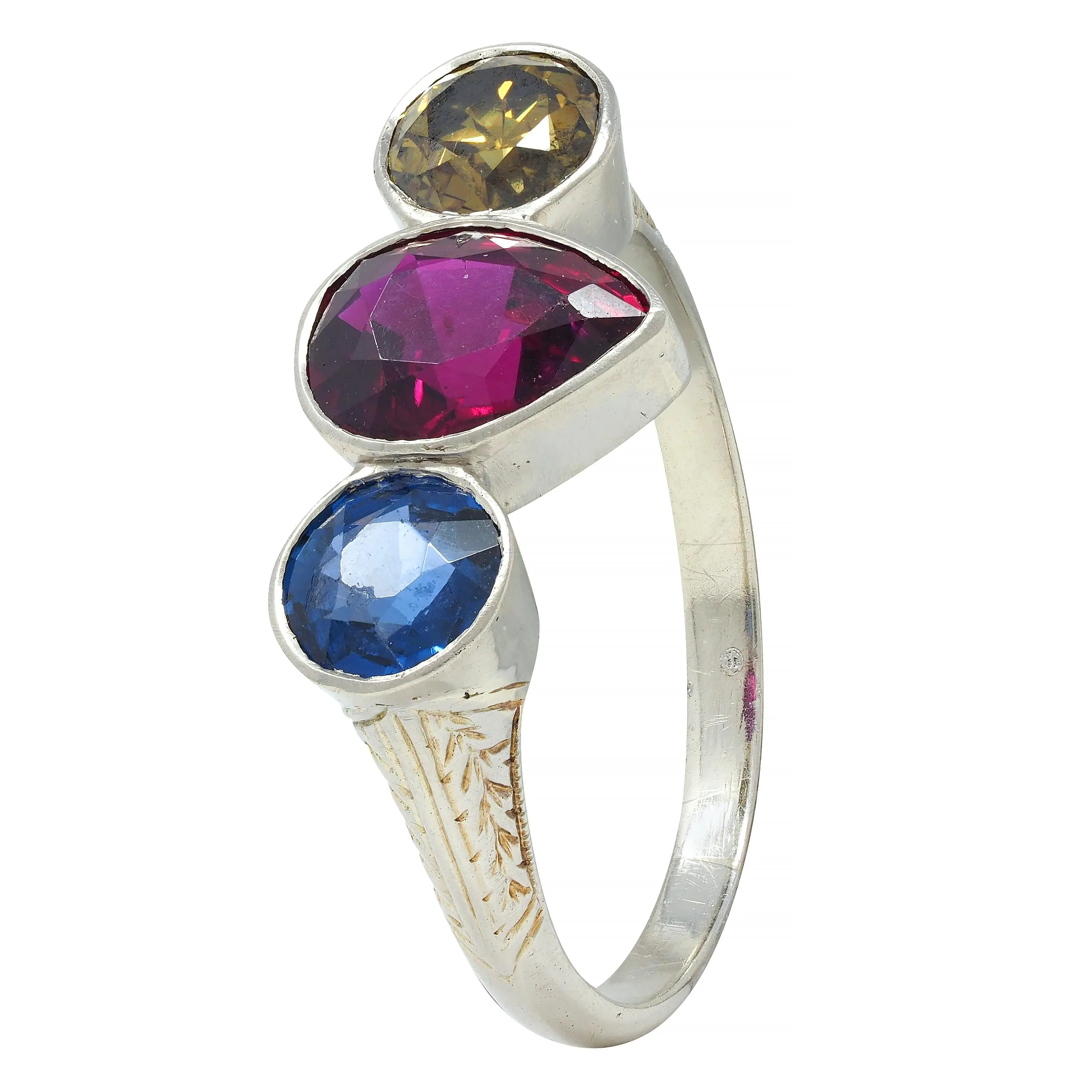 Art Deco 1.92 CTW Ruby Sapphire Fancy Green Diamond 14 Karat White Gold Three Stone Bezel Ring