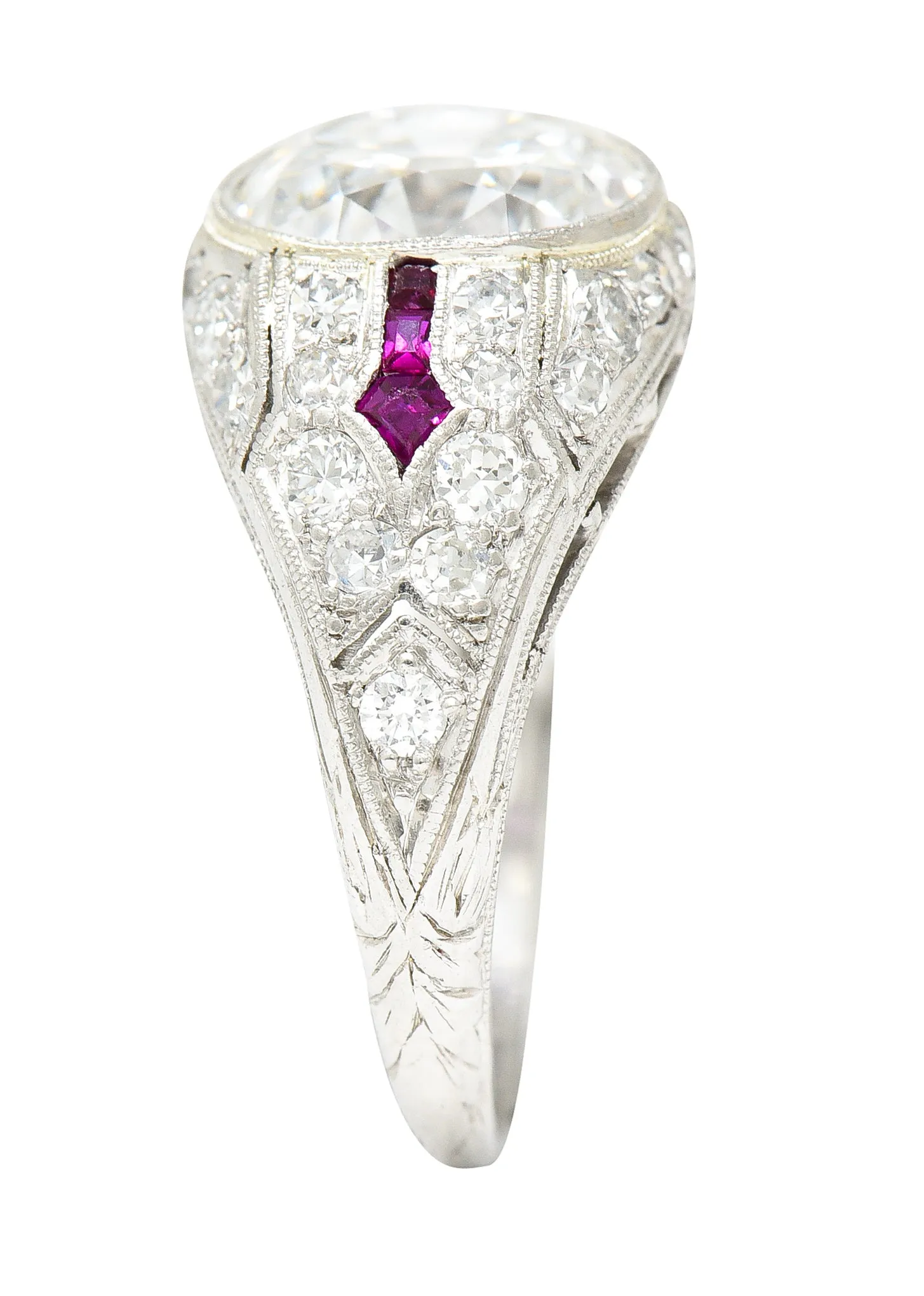 Art Deco 3.16 CTW Old Mine Cut Diamond Ruby Arrow Platinum Bombay Engagement Ring GIA