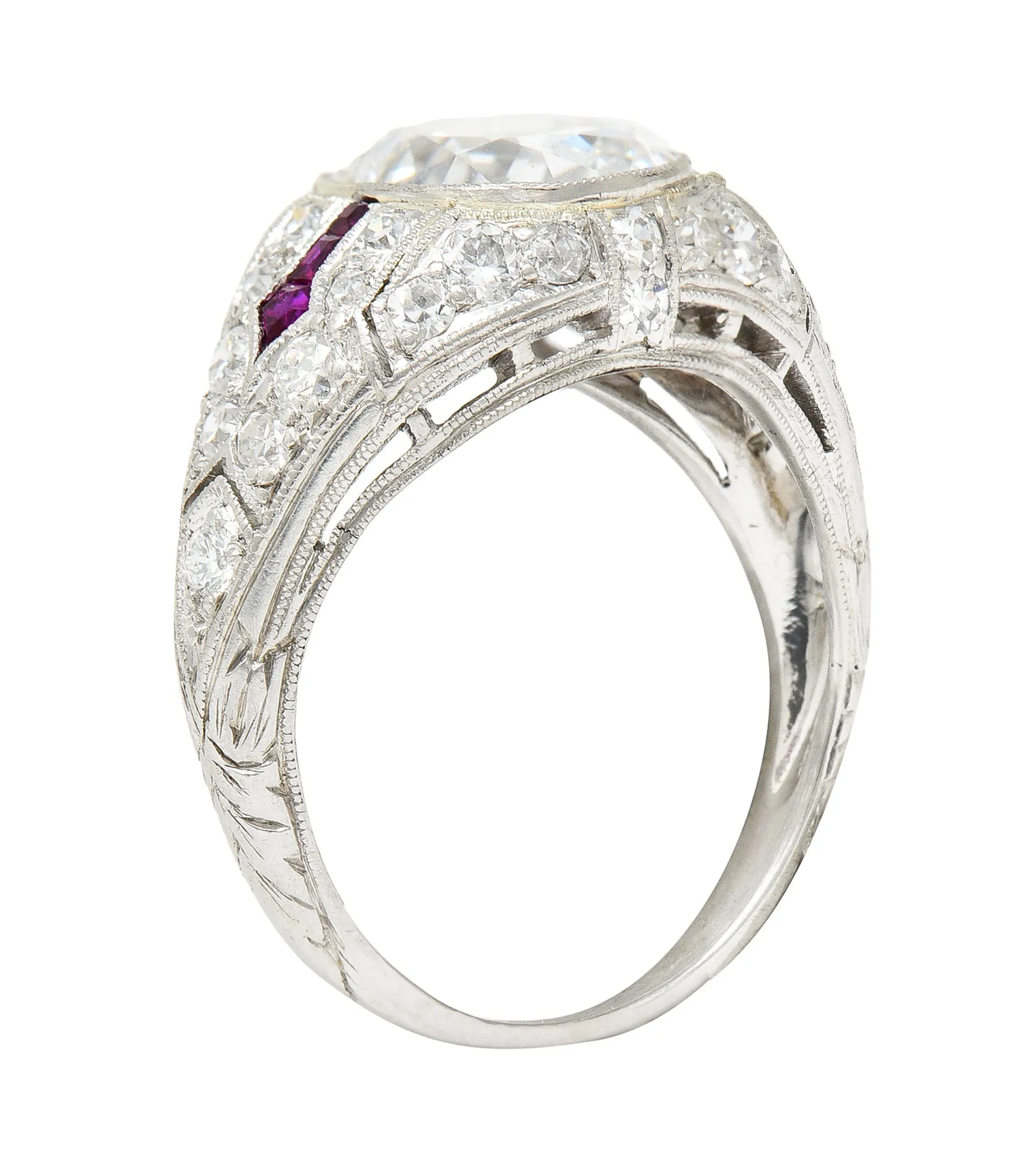 Art Deco 3.16 CTW Old Mine Cut Diamond Ruby Arrow Platinum Bombay Engagement Ring GIA