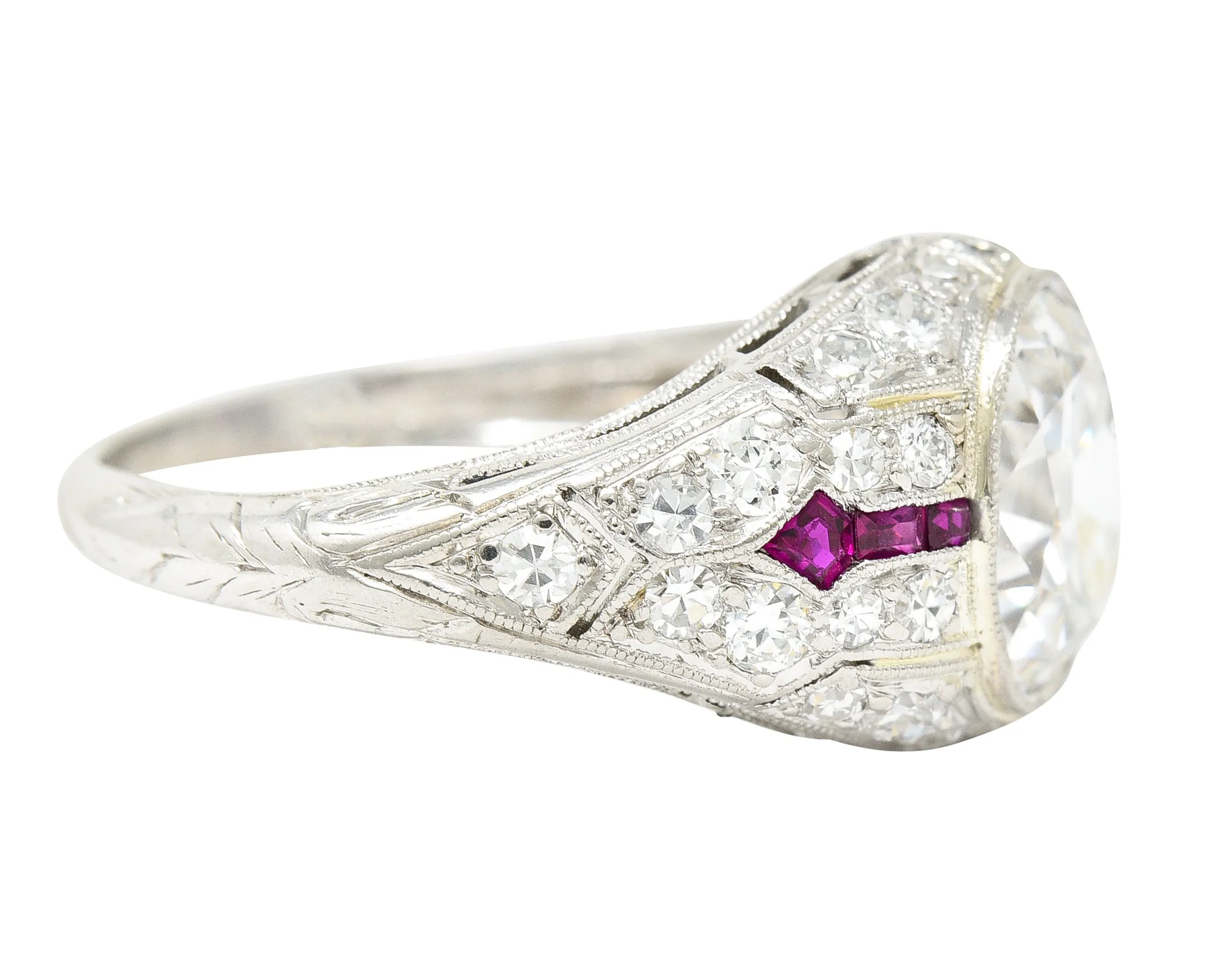 Art Deco 3.16 CTW Old Mine Cut Diamond Ruby Arrow Platinum Bombay Engagement Ring GIA