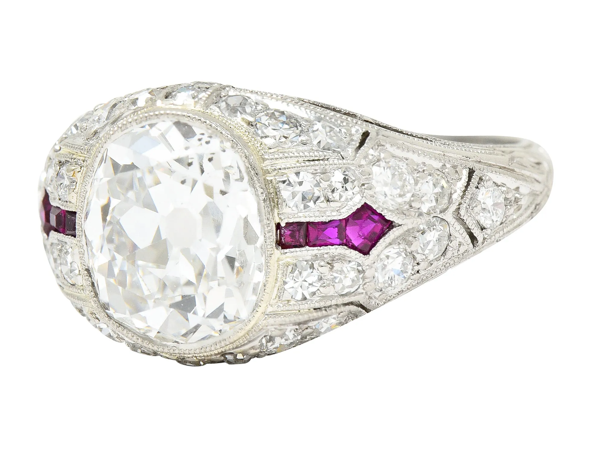 Art Deco 3.16 CTW Old Mine Cut Diamond Ruby Arrow Platinum Bombay Engagement Ring GIA