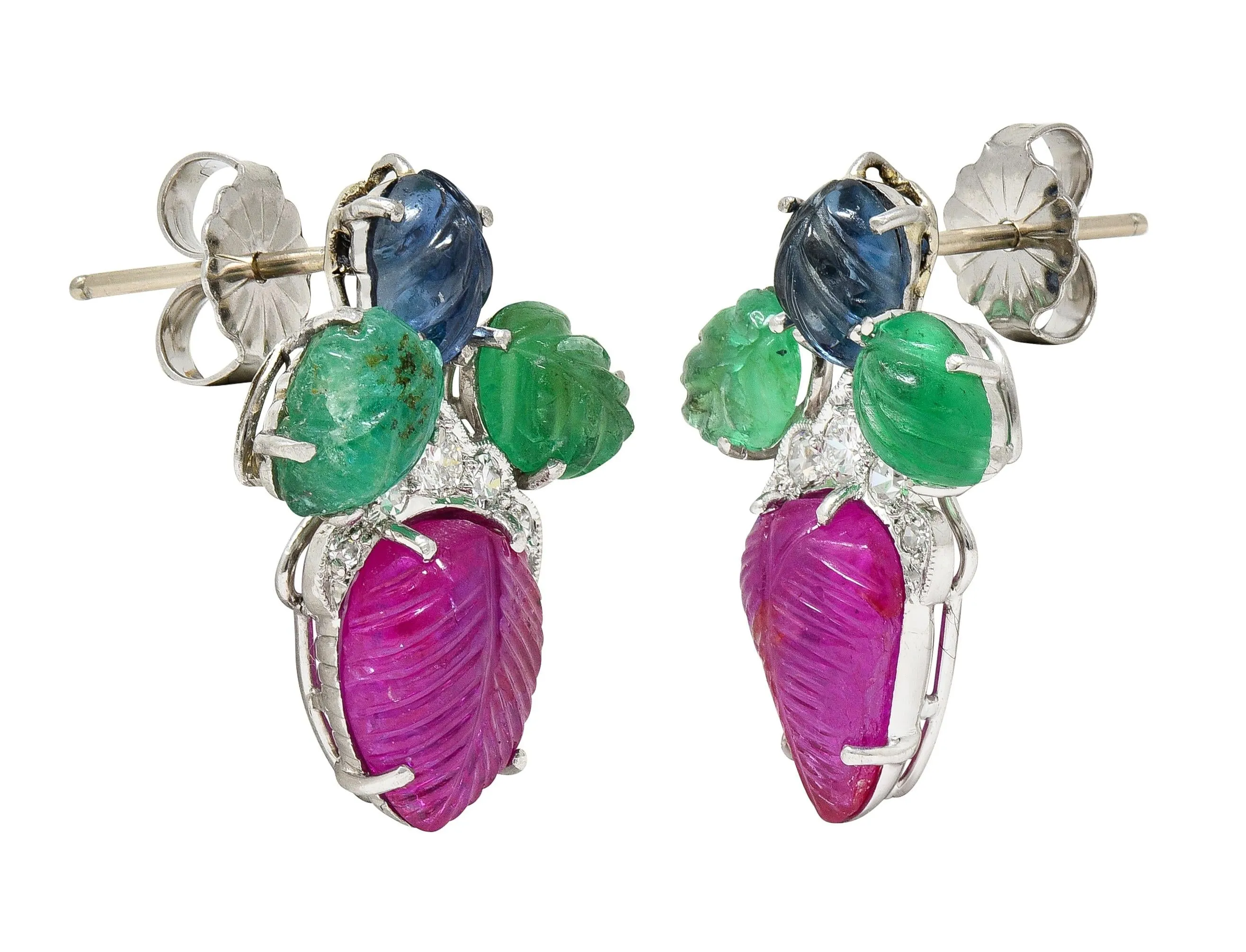 Art Deco 6.83 CTW Diamond Ruby Sapphire Emerald Platinum Vintage Tutti Frutti Earrings