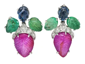 Art Deco 6.83 CTW Diamond Ruby Sapphire Emerald Platinum Vintage Tutti Frutti Earrings