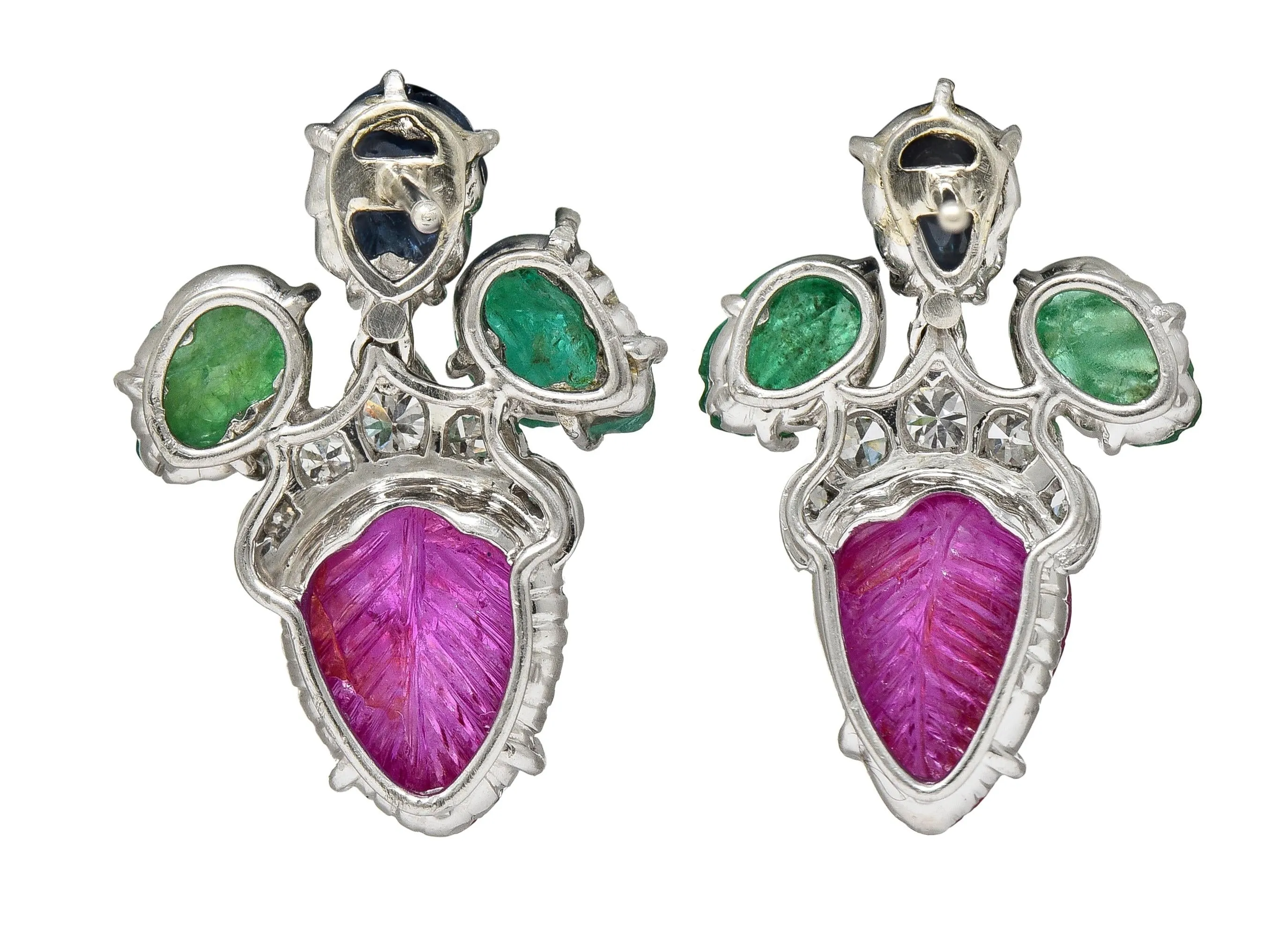 Art Deco 6.83 CTW Diamond Ruby Sapphire Emerald Platinum Vintage Tutti Frutti Earrings