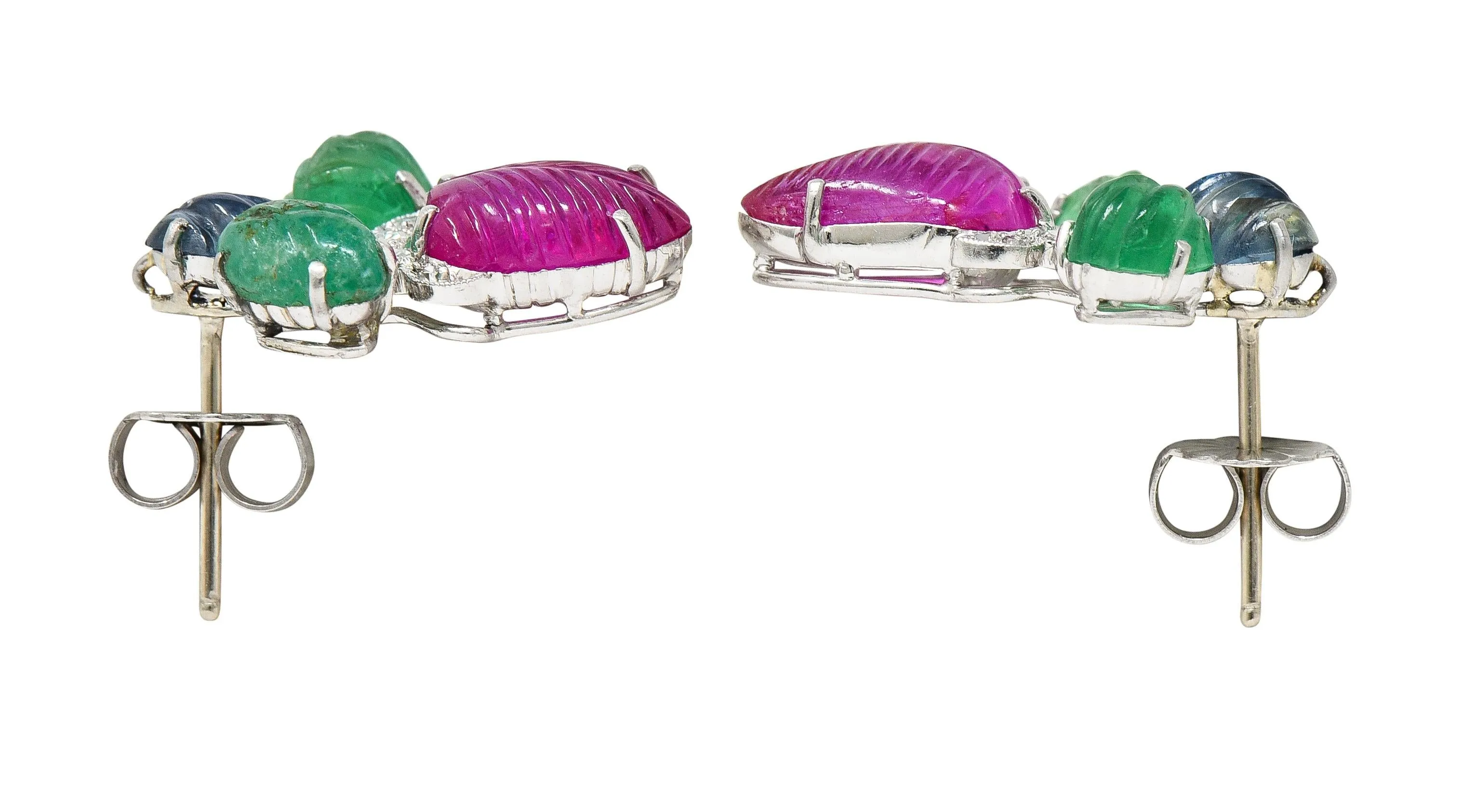 Art Deco 6.83 CTW Diamond Ruby Sapphire Emerald Platinum Vintage Tutti Frutti Earrings