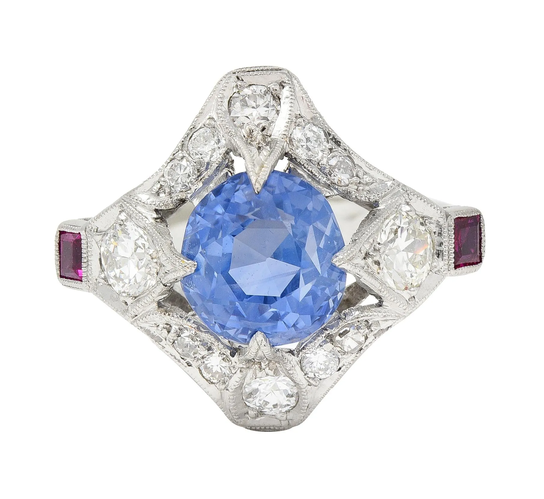 Art Deco 7.92 CTW No Heat Ceylon Sapphire Diamond Ruby Platinum Quatrefoil Vintage Ring GIA