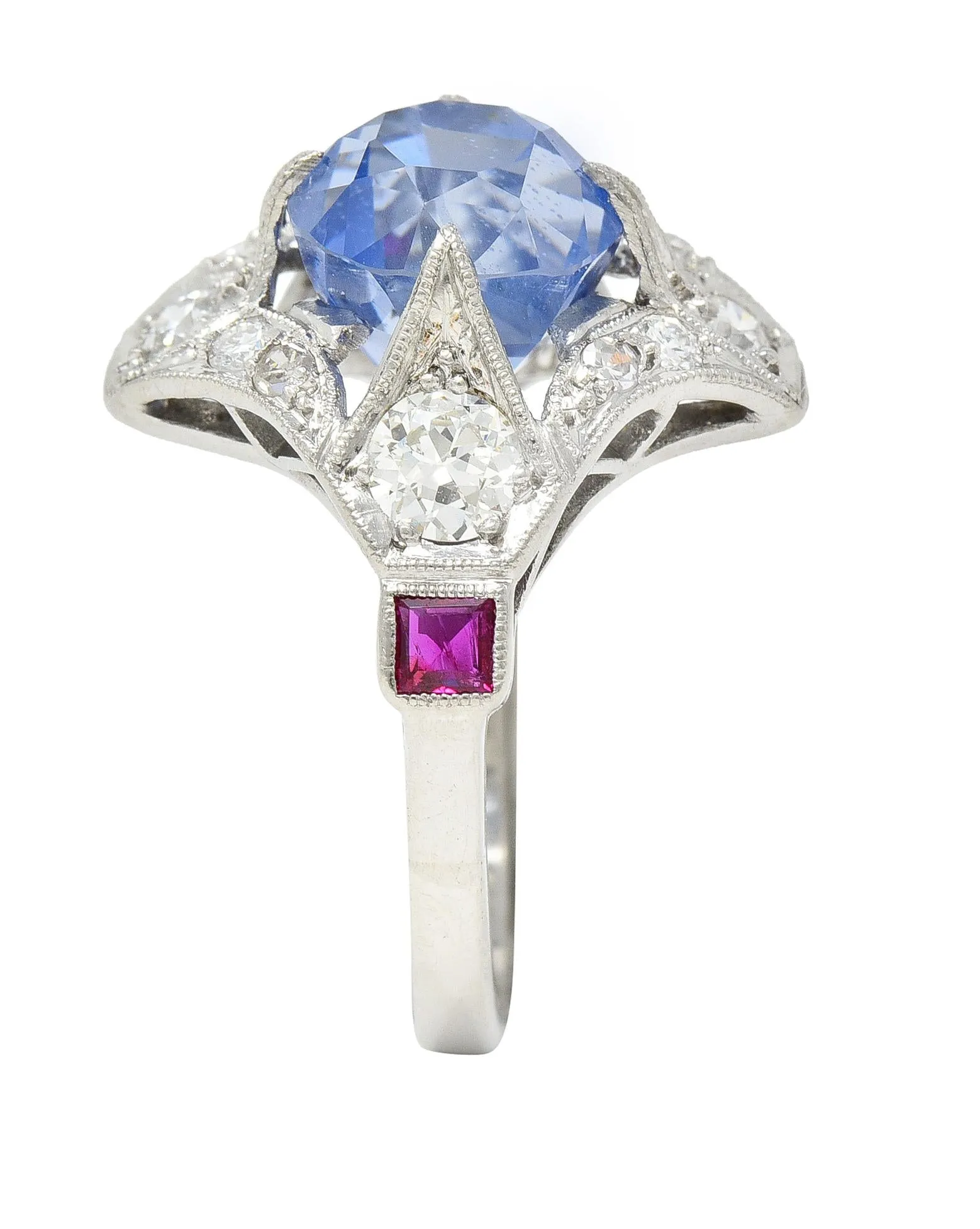 Art Deco 7.92 CTW No Heat Ceylon Sapphire Diamond Ruby Platinum Quatrefoil Vintage Ring GIA