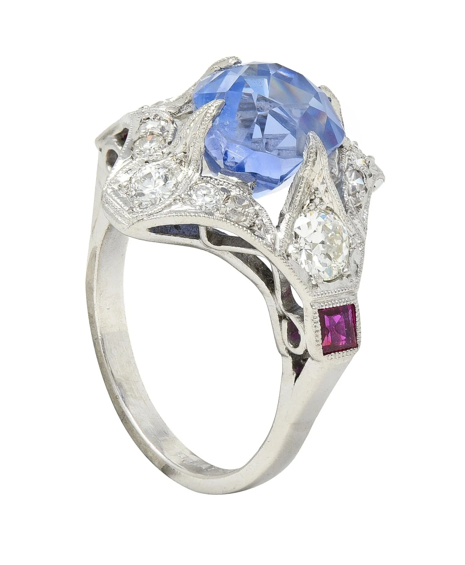 Art Deco 7.92 CTW No Heat Ceylon Sapphire Diamond Ruby Platinum Quatrefoil Vintage Ring GIA