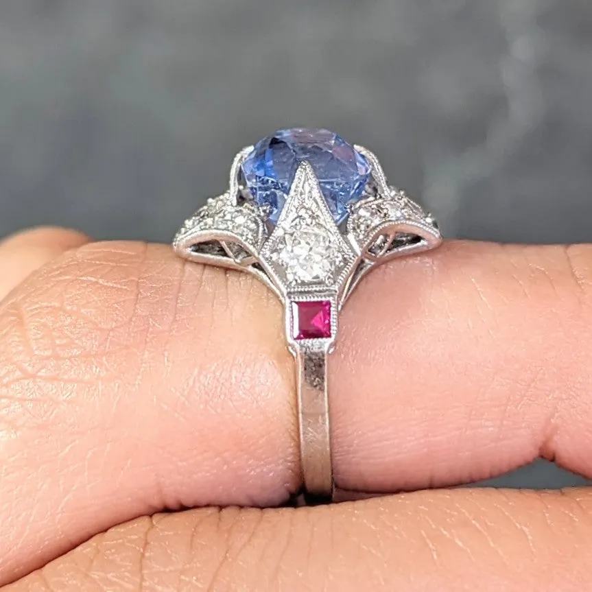 Art Deco 7.92 CTW No Heat Ceylon Sapphire Diamond Ruby Platinum Quatrefoil Vintage Ring GIA