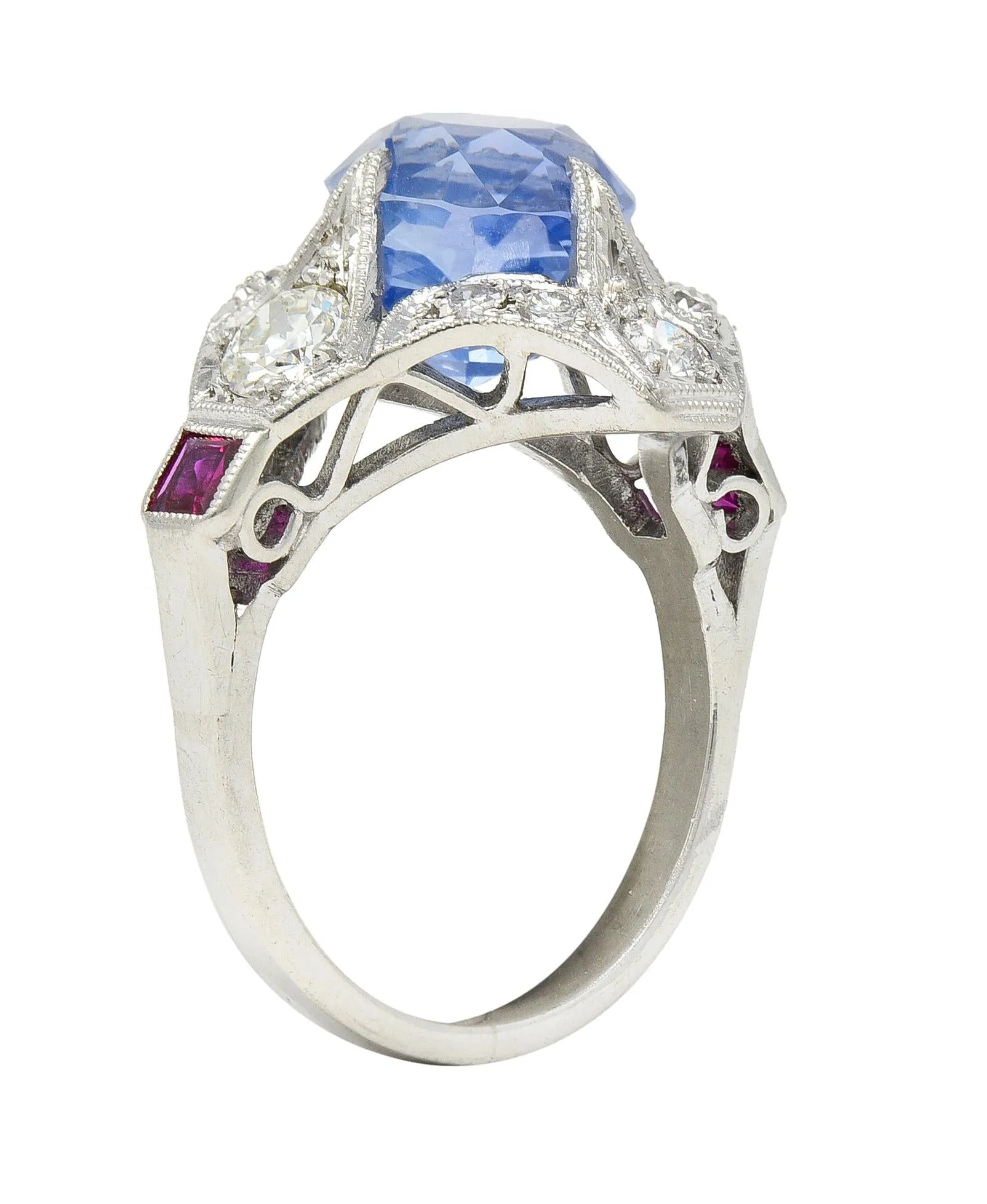 Art Deco 7.92 CTW No Heat Ceylon Sapphire Diamond Ruby Platinum Quatrefoil Vintage Ring GIA