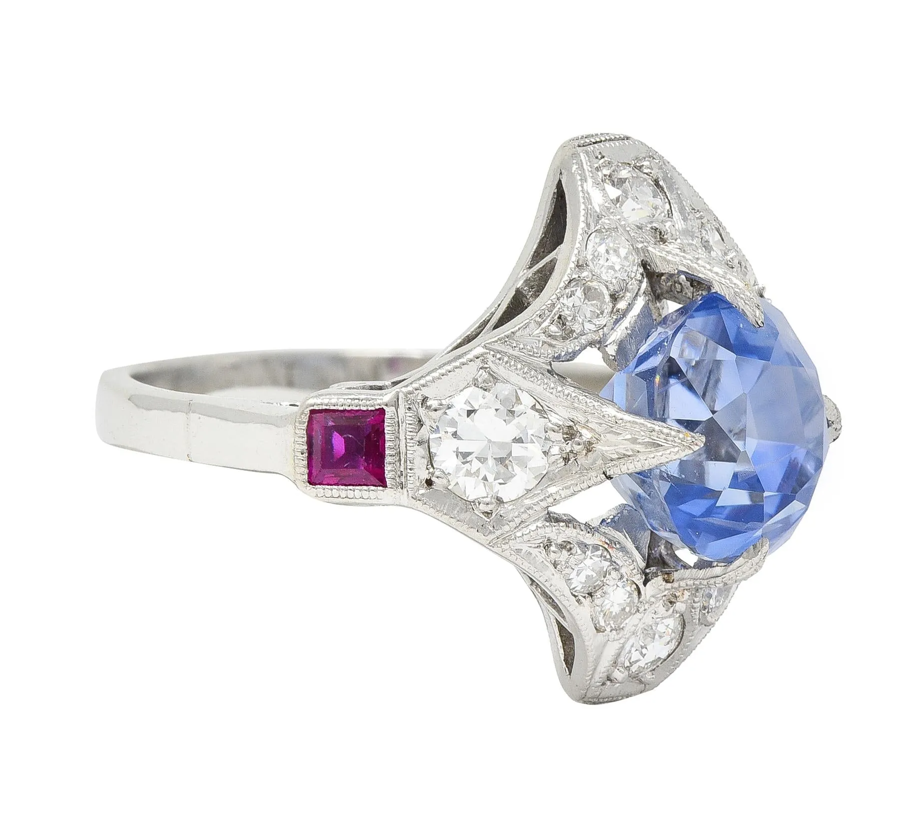 Art Deco 7.92 CTW No Heat Ceylon Sapphire Diamond Ruby Platinum Quatrefoil Vintage Ring GIA