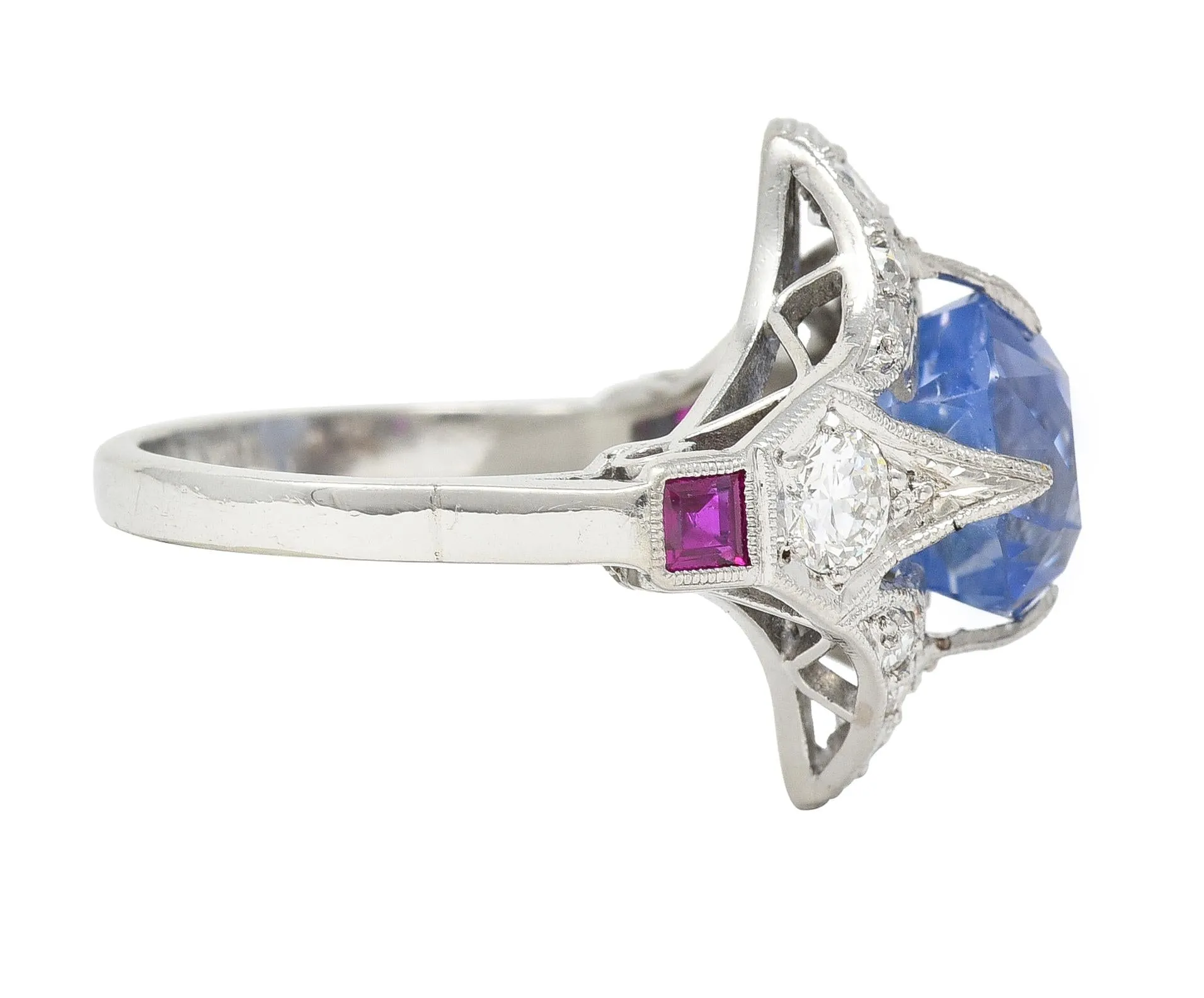 Art Deco 7.92 CTW No Heat Ceylon Sapphire Diamond Ruby Platinum Quatrefoil Vintage Ring GIA