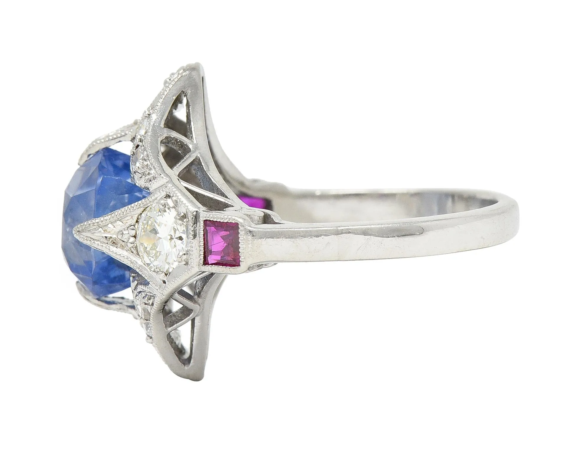 Art Deco 7.92 CTW No Heat Ceylon Sapphire Diamond Ruby Platinum Quatrefoil Vintage Ring GIA