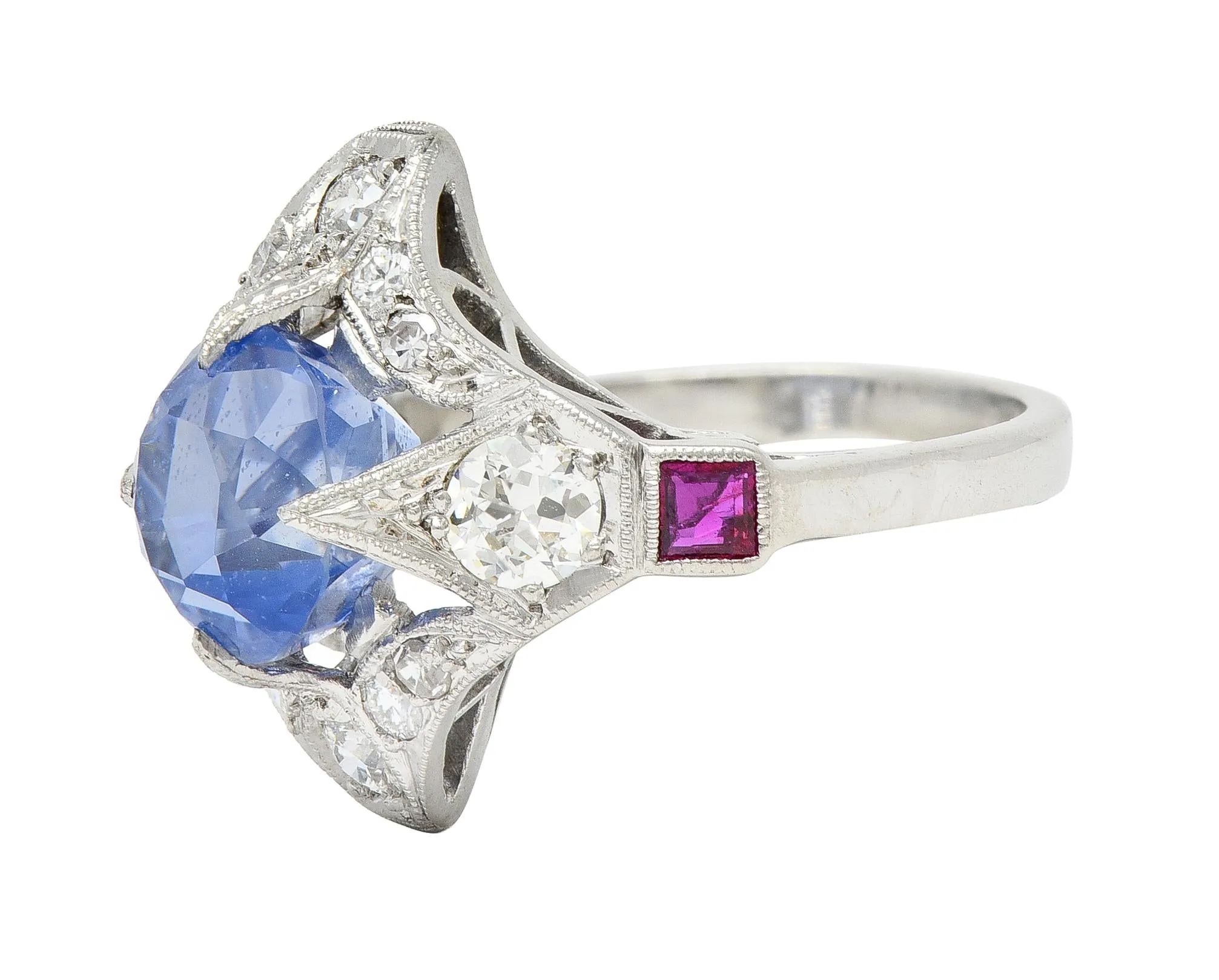 Art Deco 7.92 CTW No Heat Ceylon Sapphire Diamond Ruby Platinum Quatrefoil Vintage Ring GIA