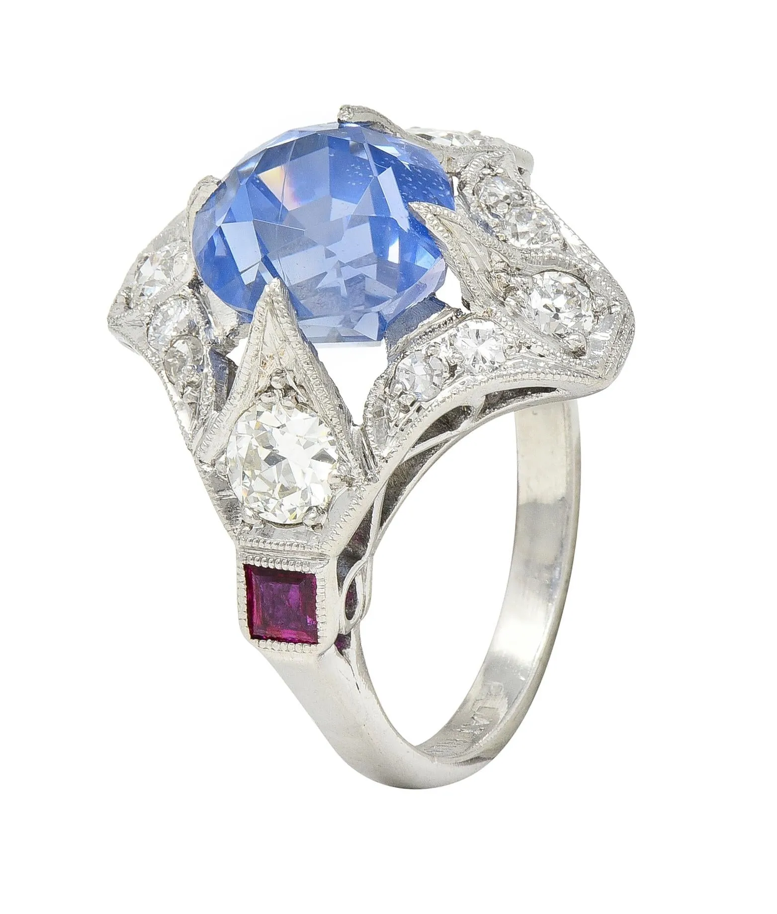 Art Deco 7.92 CTW No Heat Ceylon Sapphire Diamond Ruby Platinum Quatrefoil Vintage Ring GIA